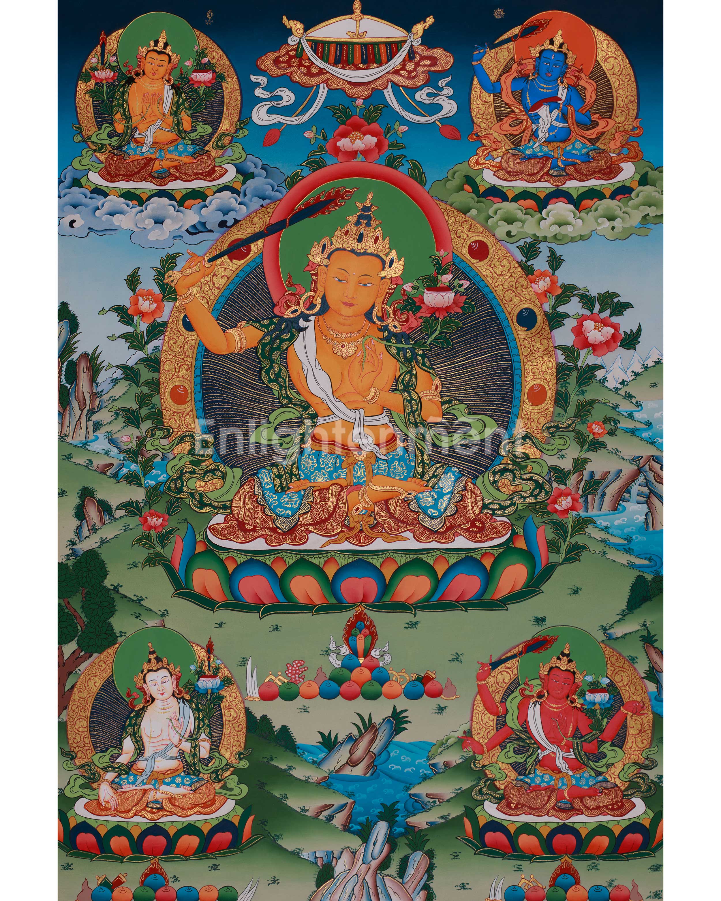 Five Manjushri Thangka | Depiction of Wisdom in Five Divine Forms