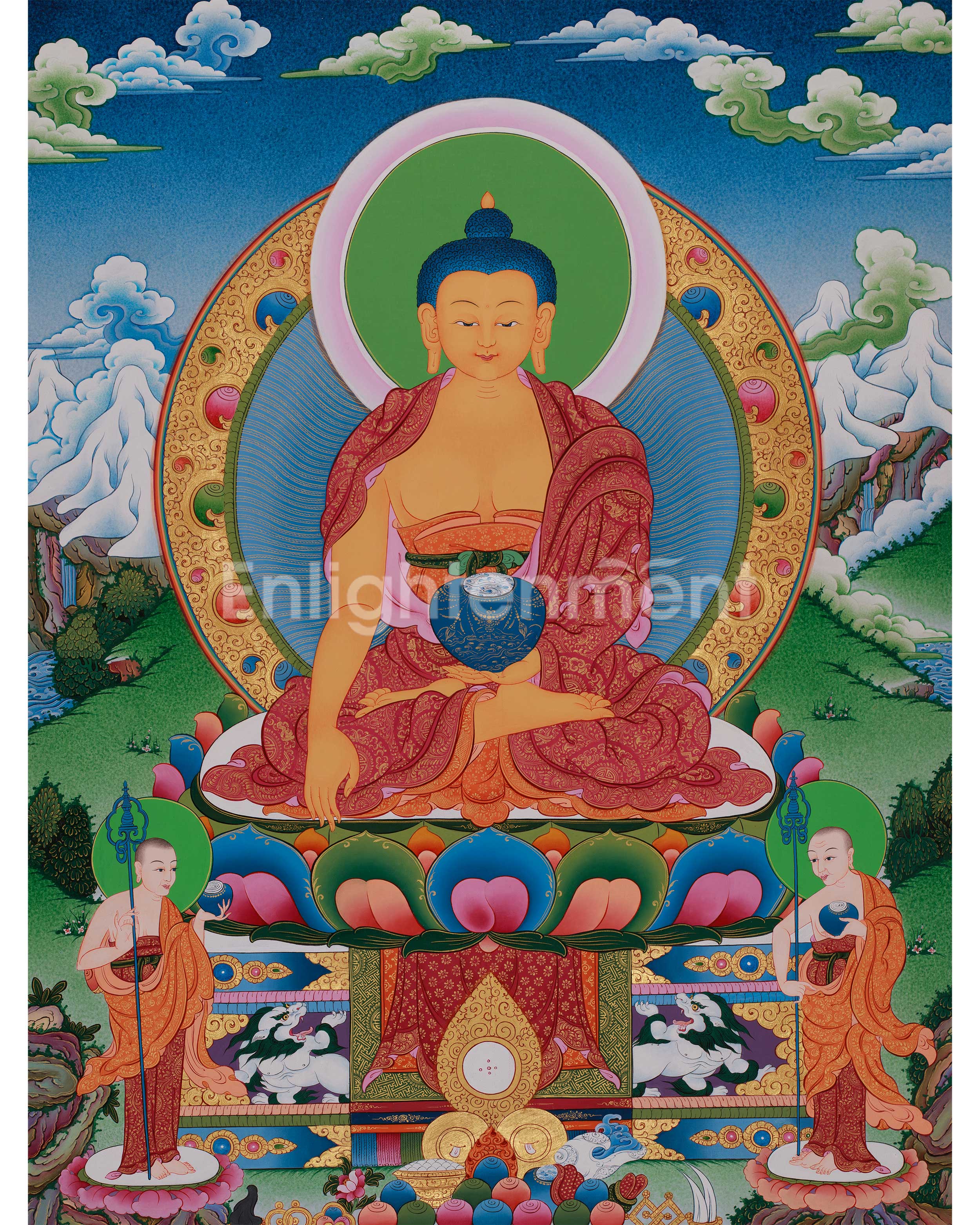 Traditional Buddha Thangka | Shakyamuni in Vajra Posture with Disciples