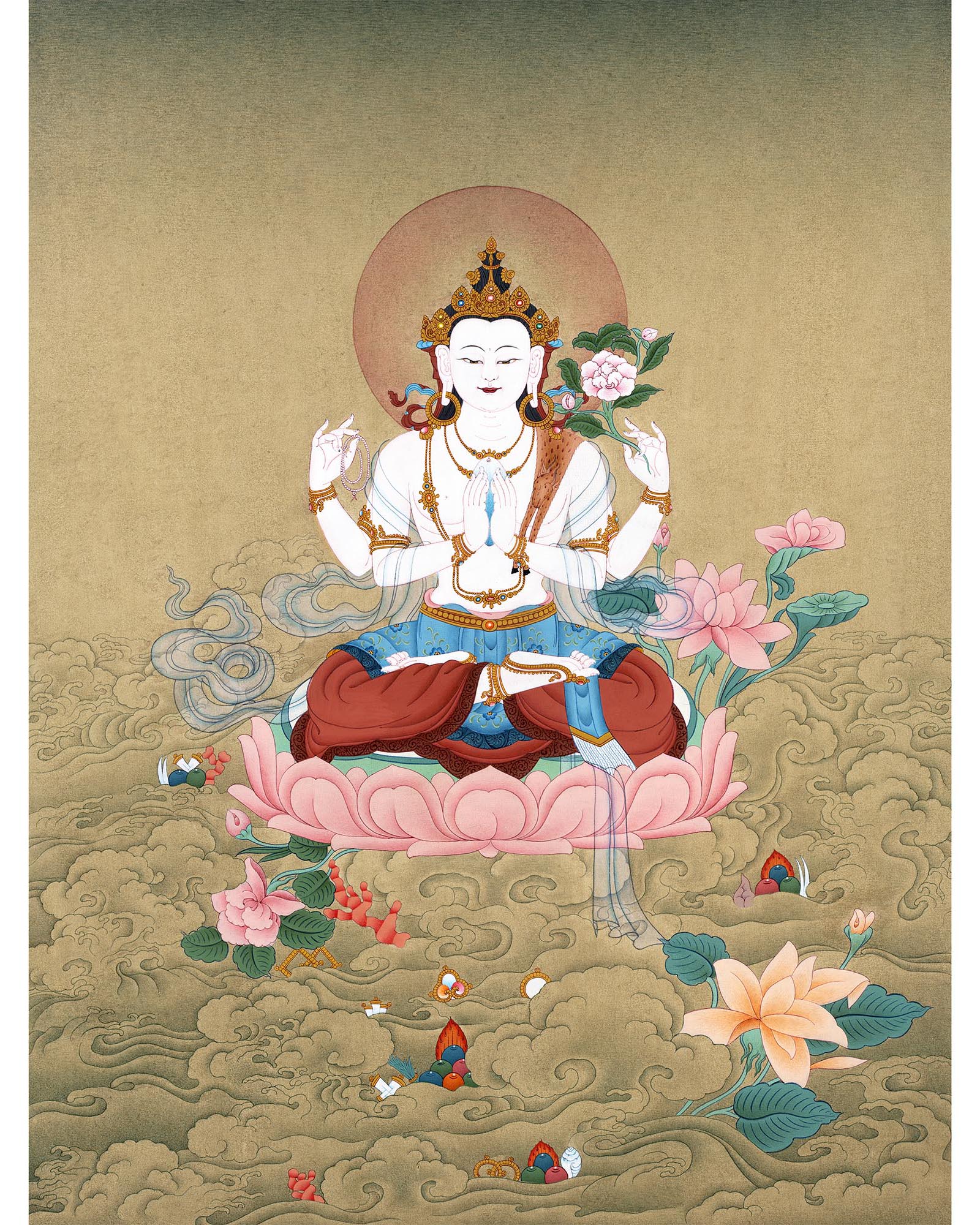 Chenrezig | Four Arms Avalokiteshvara Thangka | Bodhisattva Painting