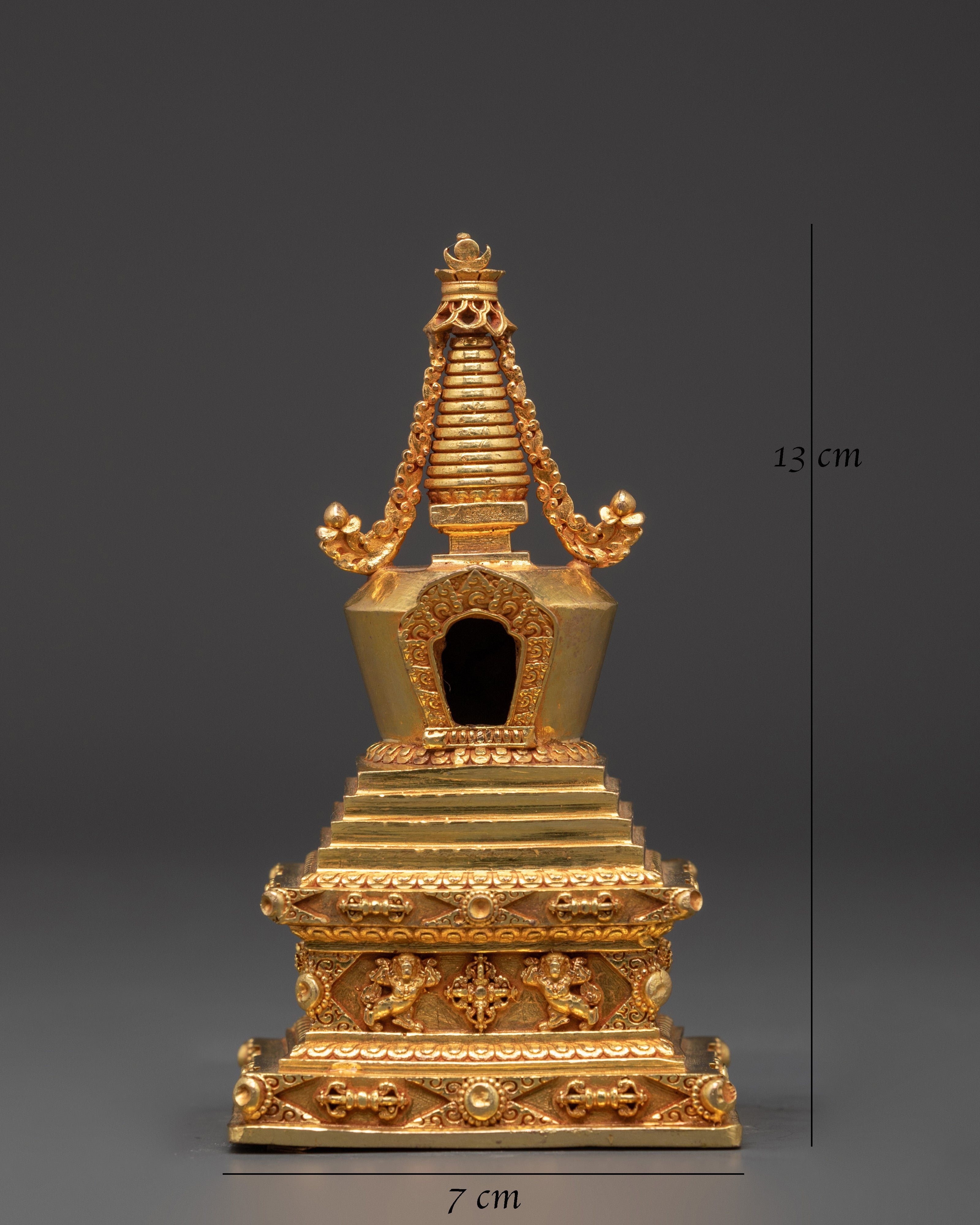Handcrafted Buddhist Spiritual Copper Stupa Statue | Gold Plated Tibetan Decor