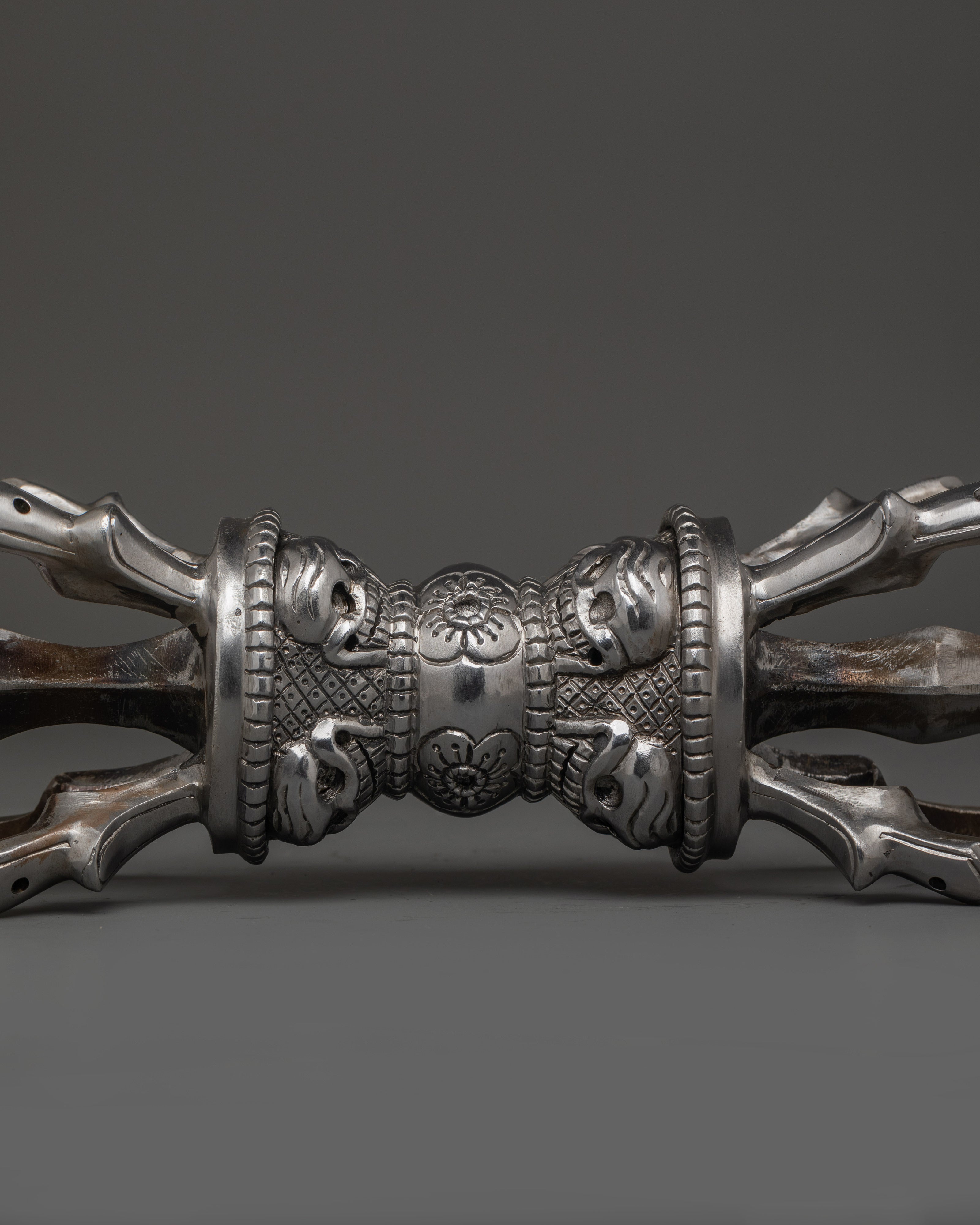 Tibetan Silver Vajra With Stand | Iron Buddhist Ritual Tool