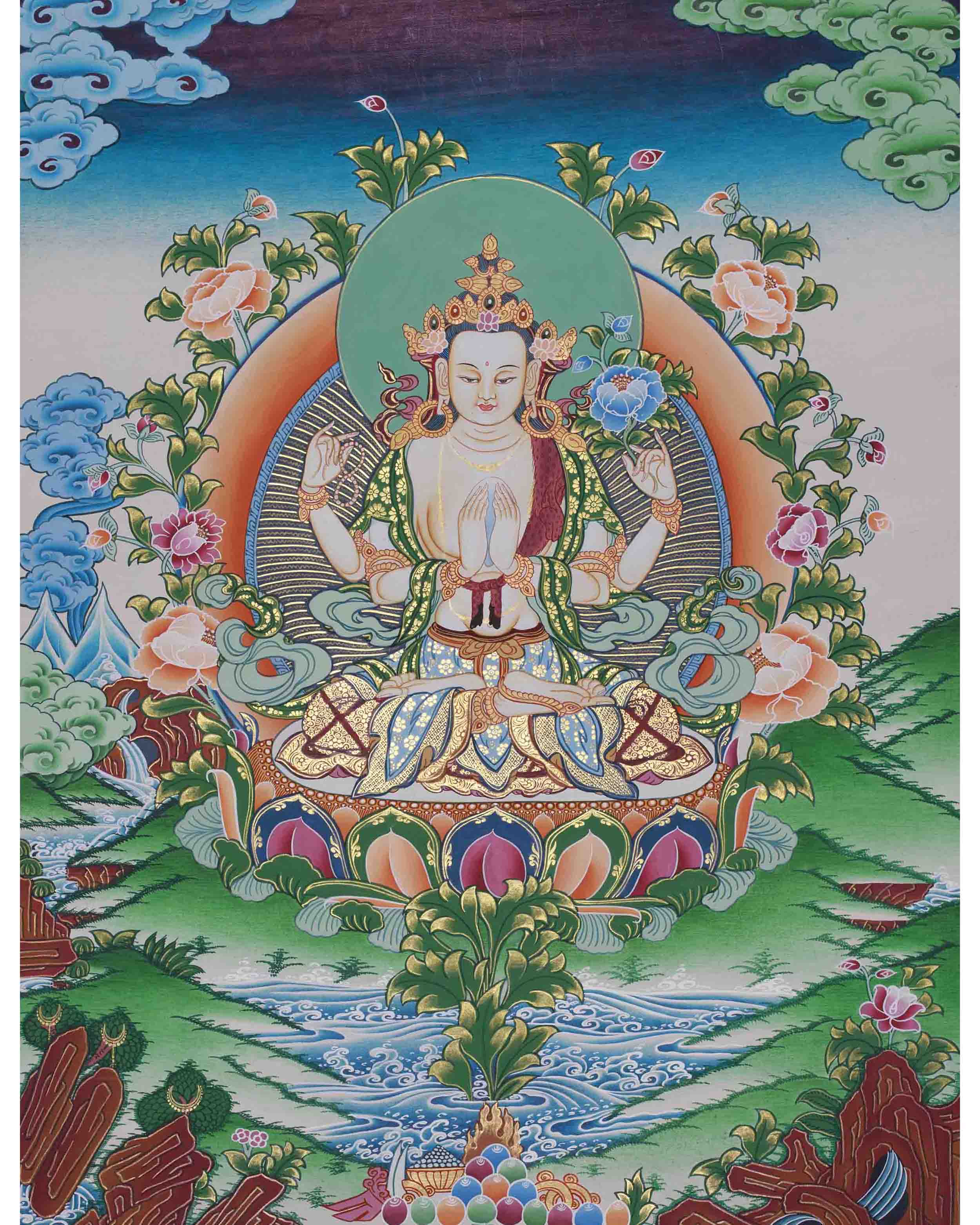 Original Hand-Painted Four Armed Chenrezig Thangka