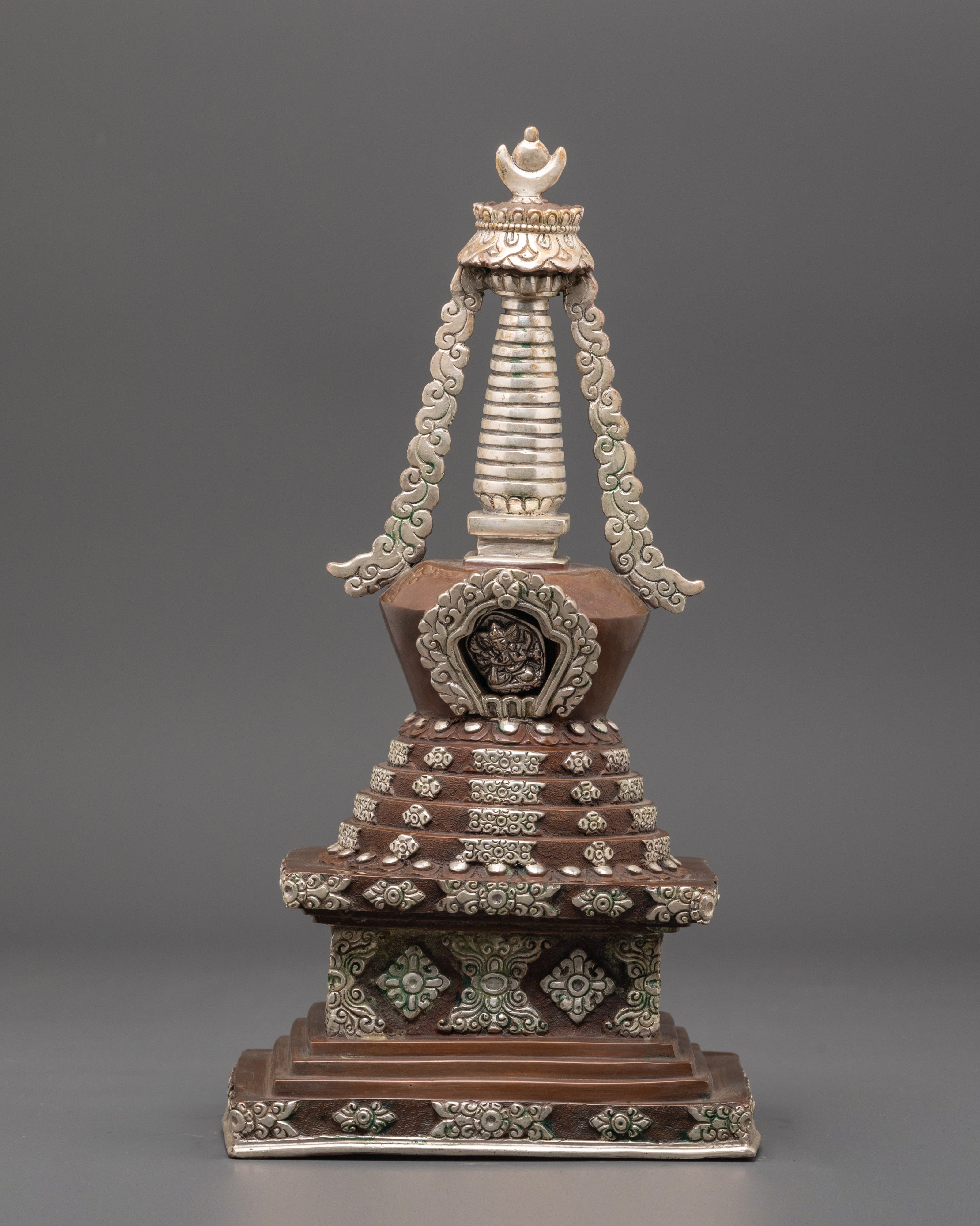Handcrafted Stupa with Protective Deity | Silver Plated Tibetan Stupa