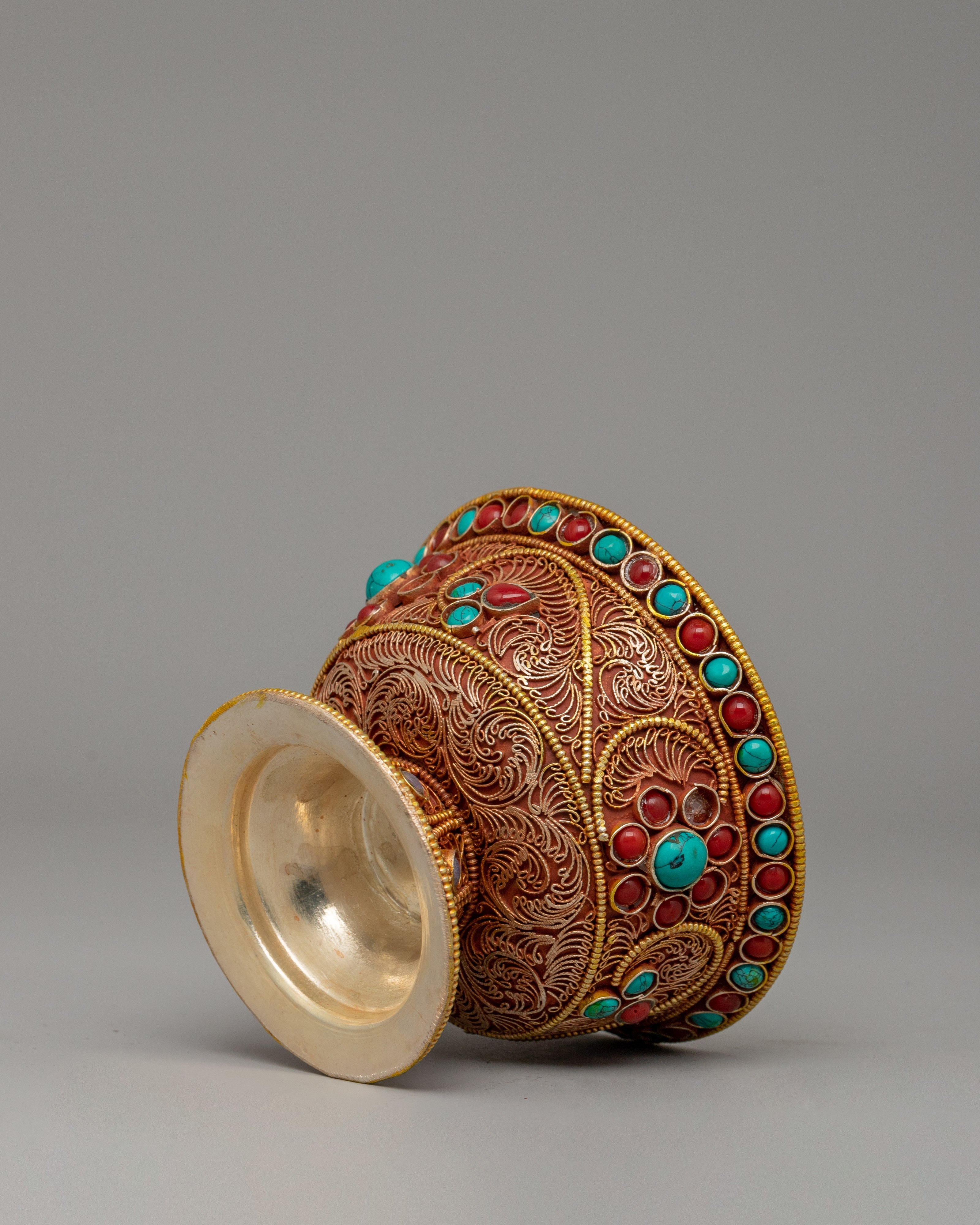 Set of Tibetan Offering Bowls | Turquoise & Coral Filigree Work for Altar Décor