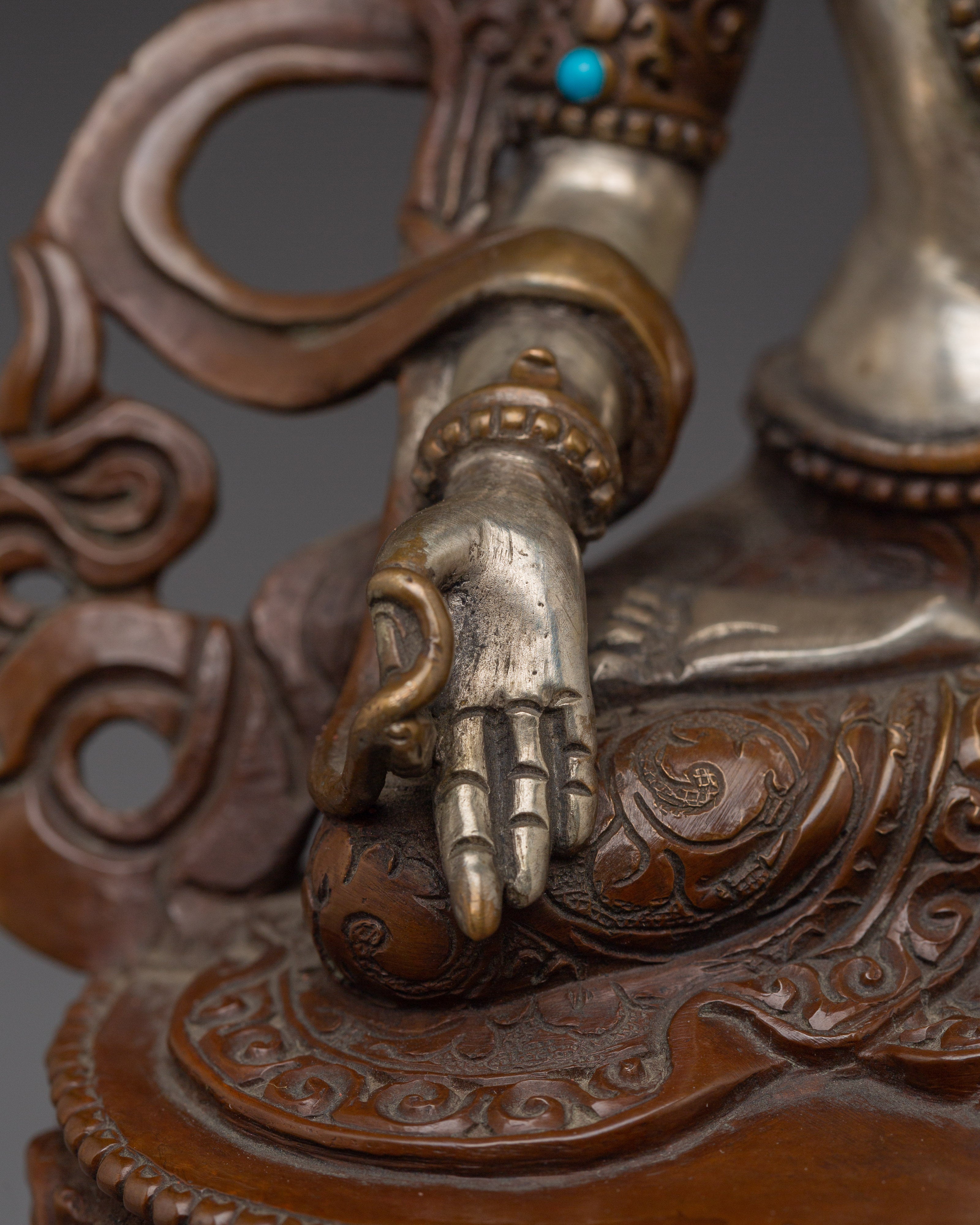 Silver and Copper White Tara Statue with Throne | Healing, Longevity & Spiritual Decor