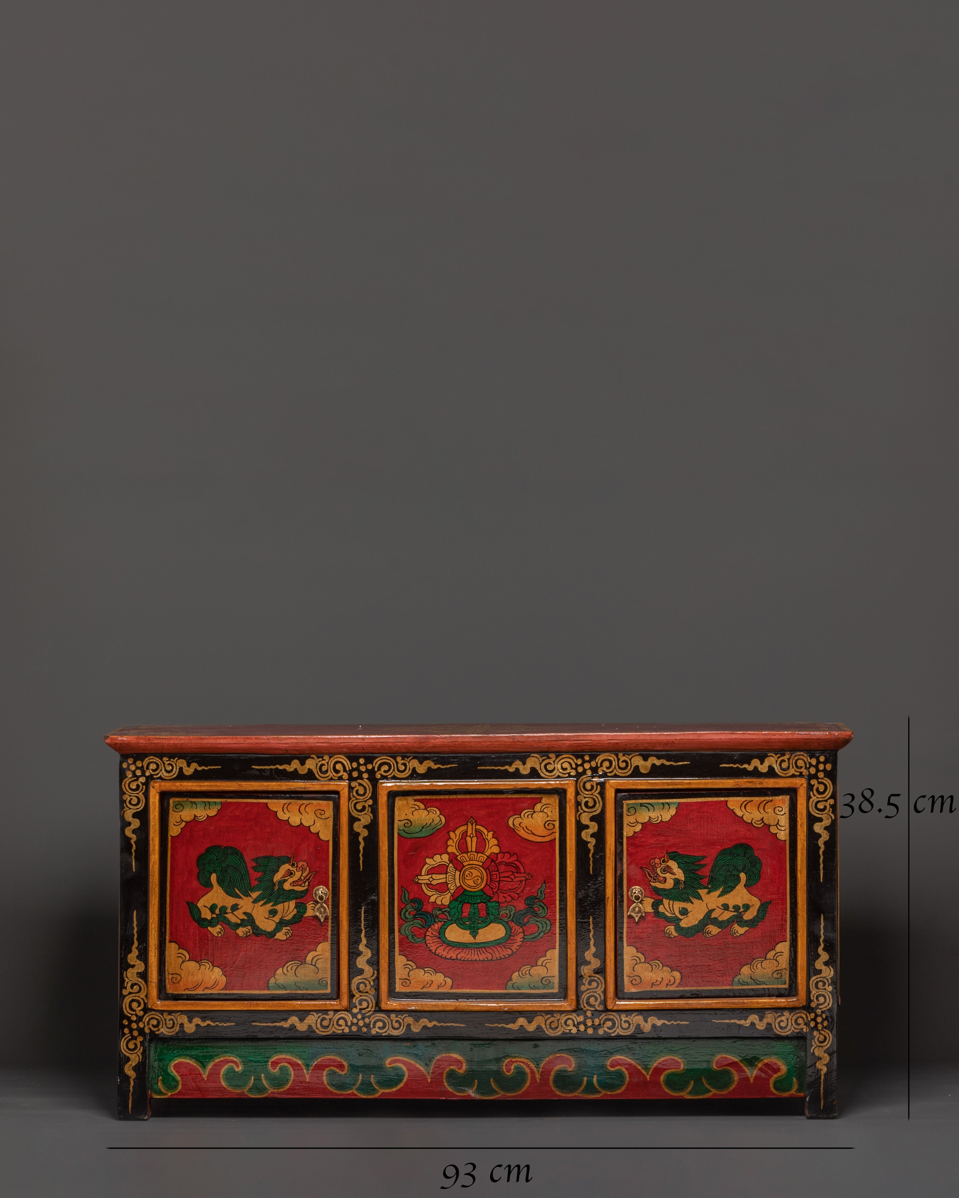 Hand-Carved Tibetan Wooden Cabinet with Door | Sacred Symbols and Artisan Detailing