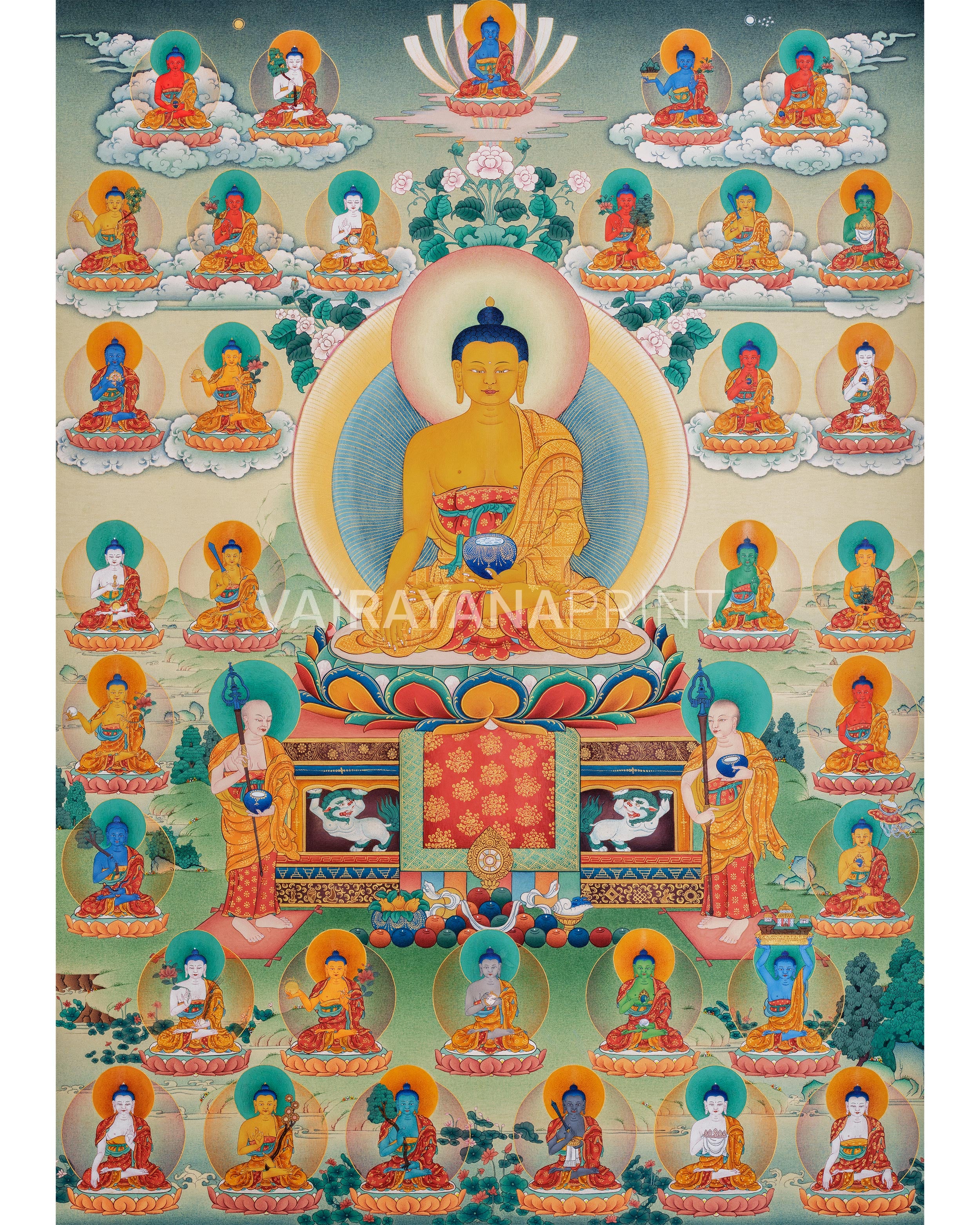 Buddha Shakyamuni Thangka, 35 Buddhas of Confession, Thangka Print