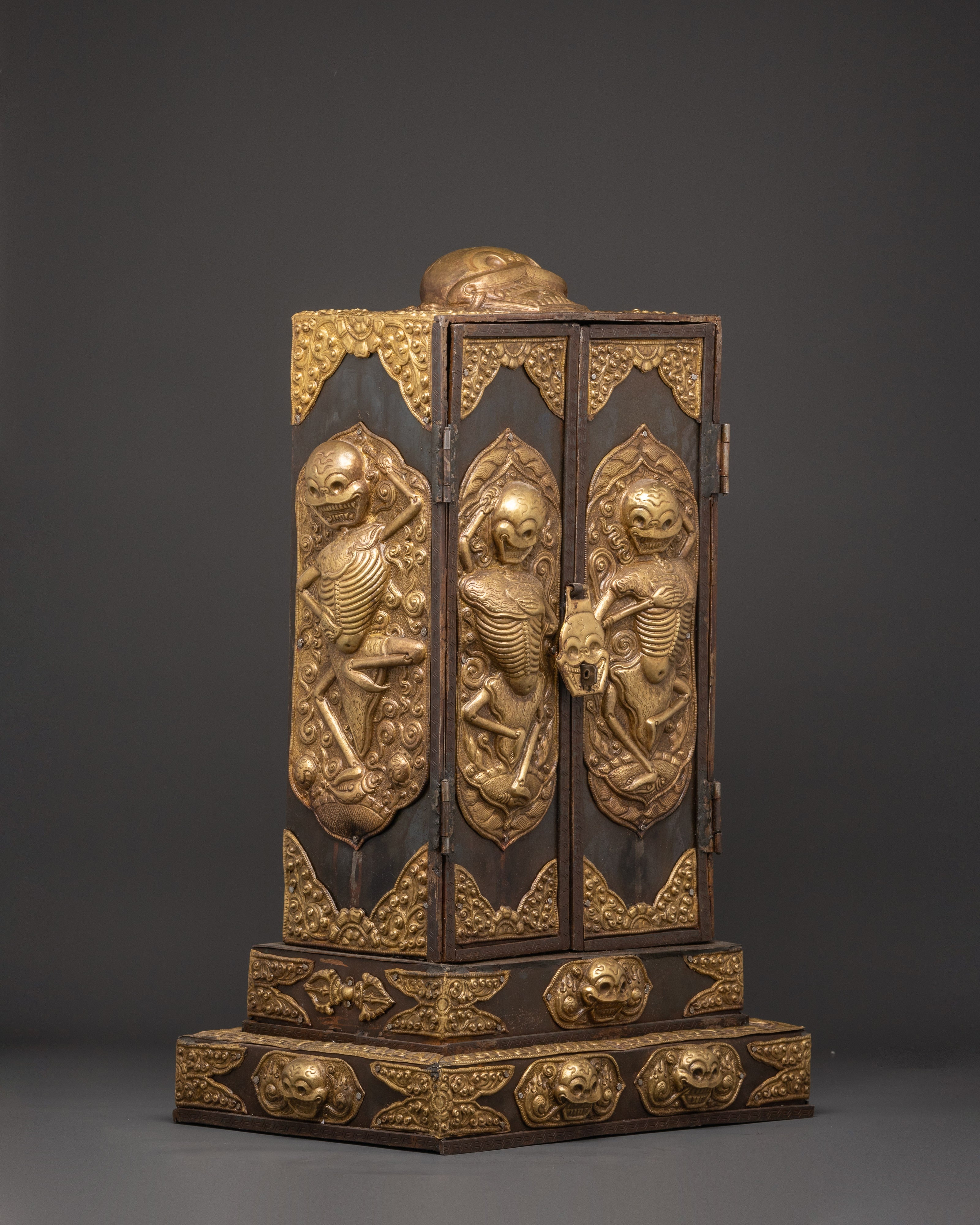 Large Chitipati Carved Ghau Box | Iron and Brass Tibetan Shrine Box