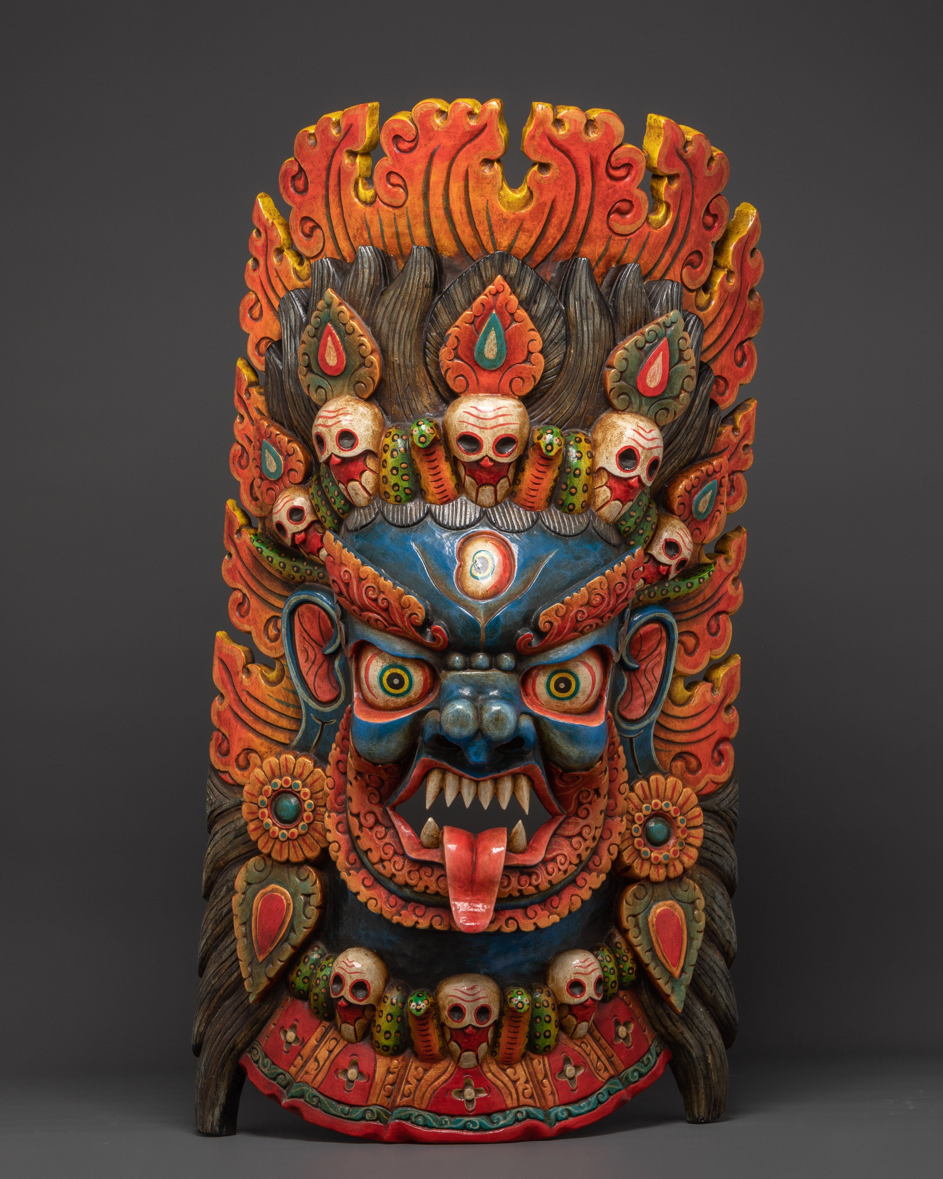Hand-Carved Tibetan Mahakala Mask Wall Art