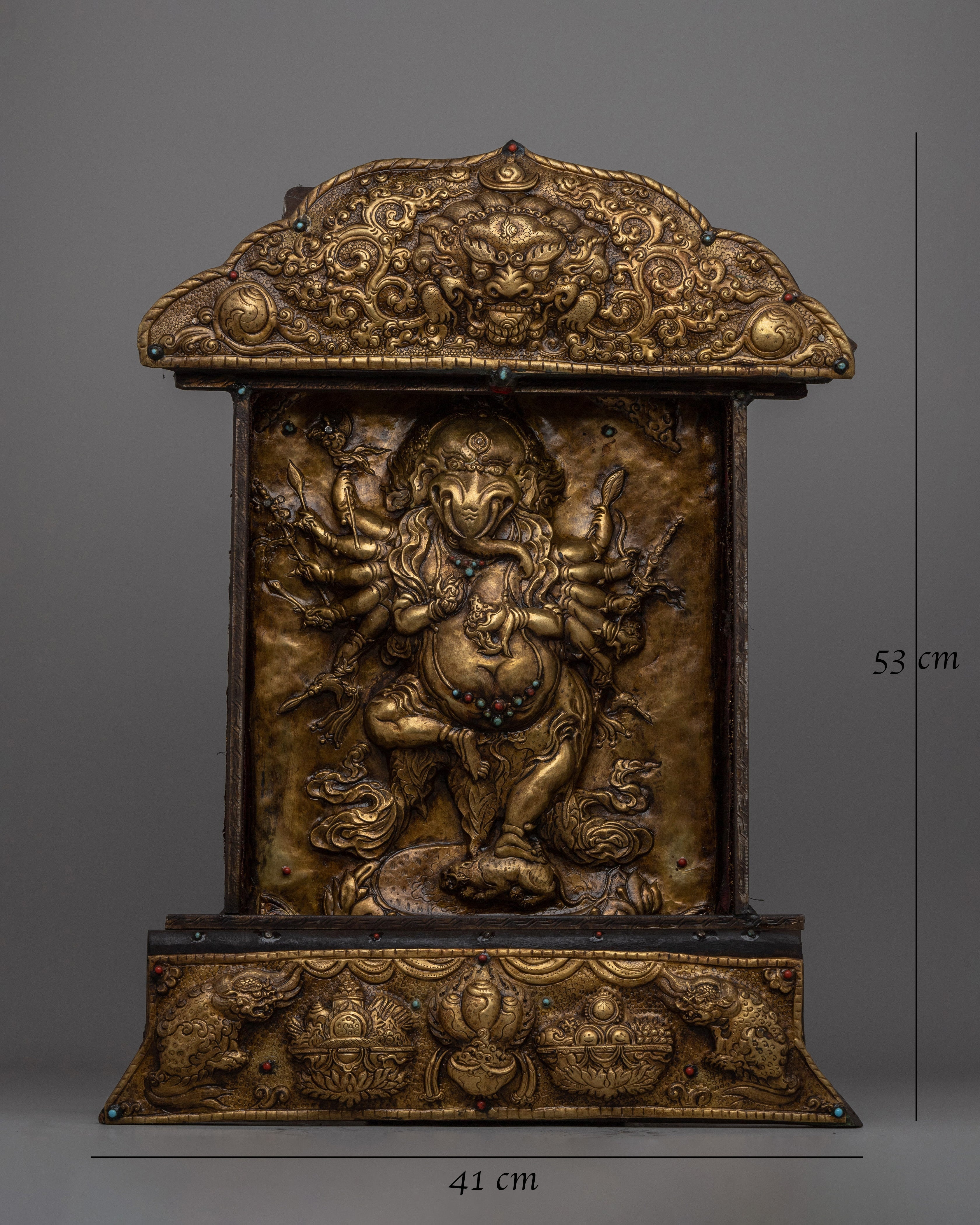 Hand-Carved Brass Wall Hanging with Coral & Turquoise | Buddhist Shrines & Spiritual Decor