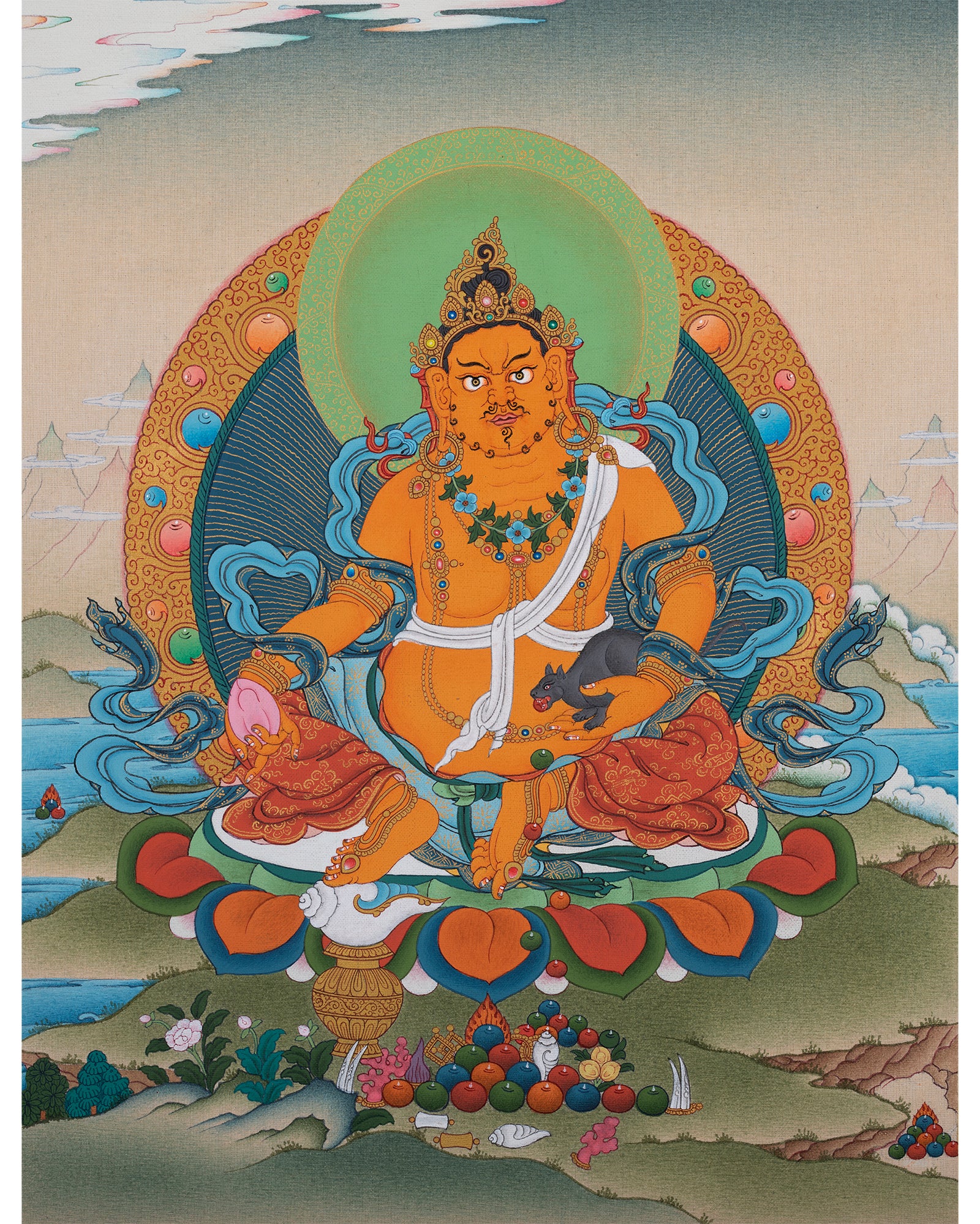 Jambala, Dzambhala Thangka, Tibetan Buddha Thanka, Original Painting