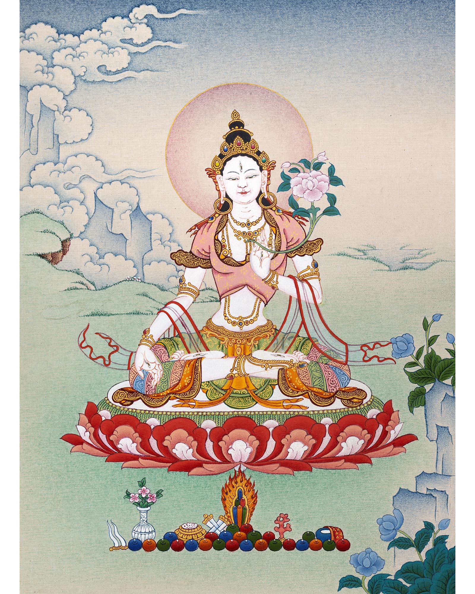 White Tara Thangka, Hand Painted Tara Painting, Tibetan Buddhist Art, Vajrayana painting