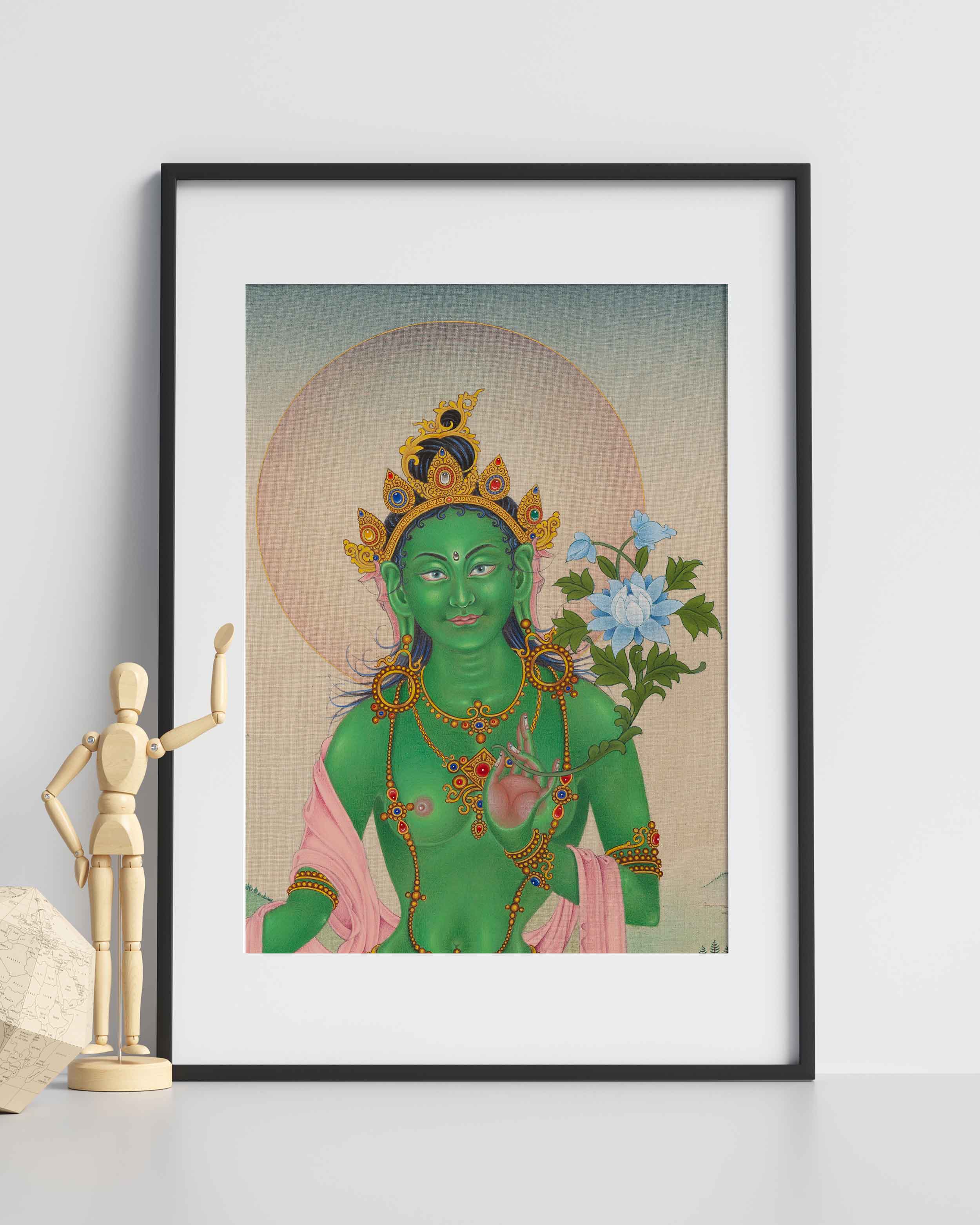 The Peaceful Gaze of Buddhist Goddess Green Tara | Compassionate Protector | Giclee Canvas Print