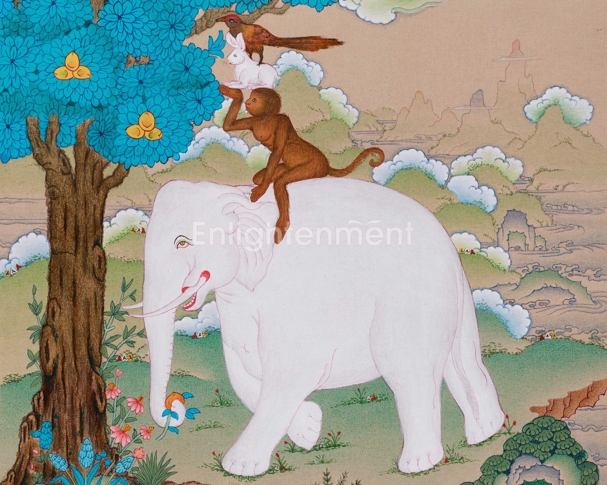 Four Harmonious Friends Thangka | Tibetan Art of Cooperation and Harmony