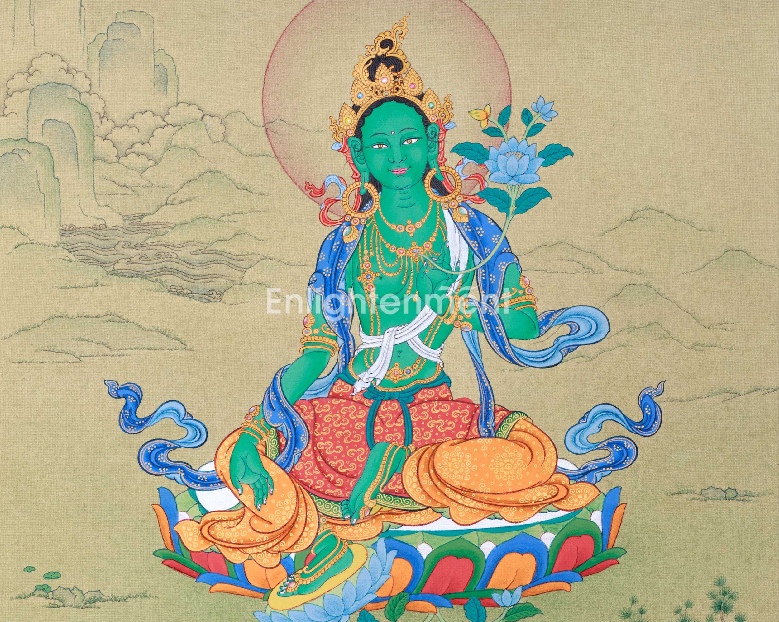 Hand Painted Small Thangka of Green Tara