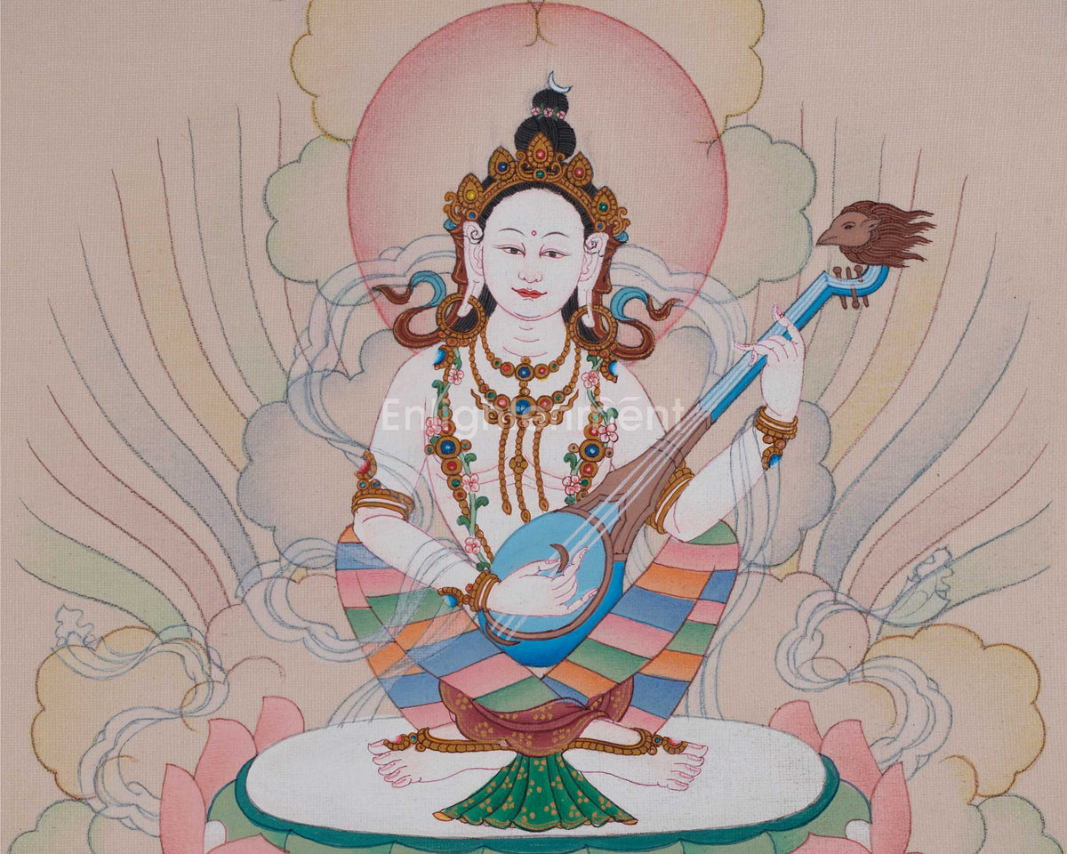Himalayan Saraswati Thangka | Goddess of Wisdom and Sacred Learning