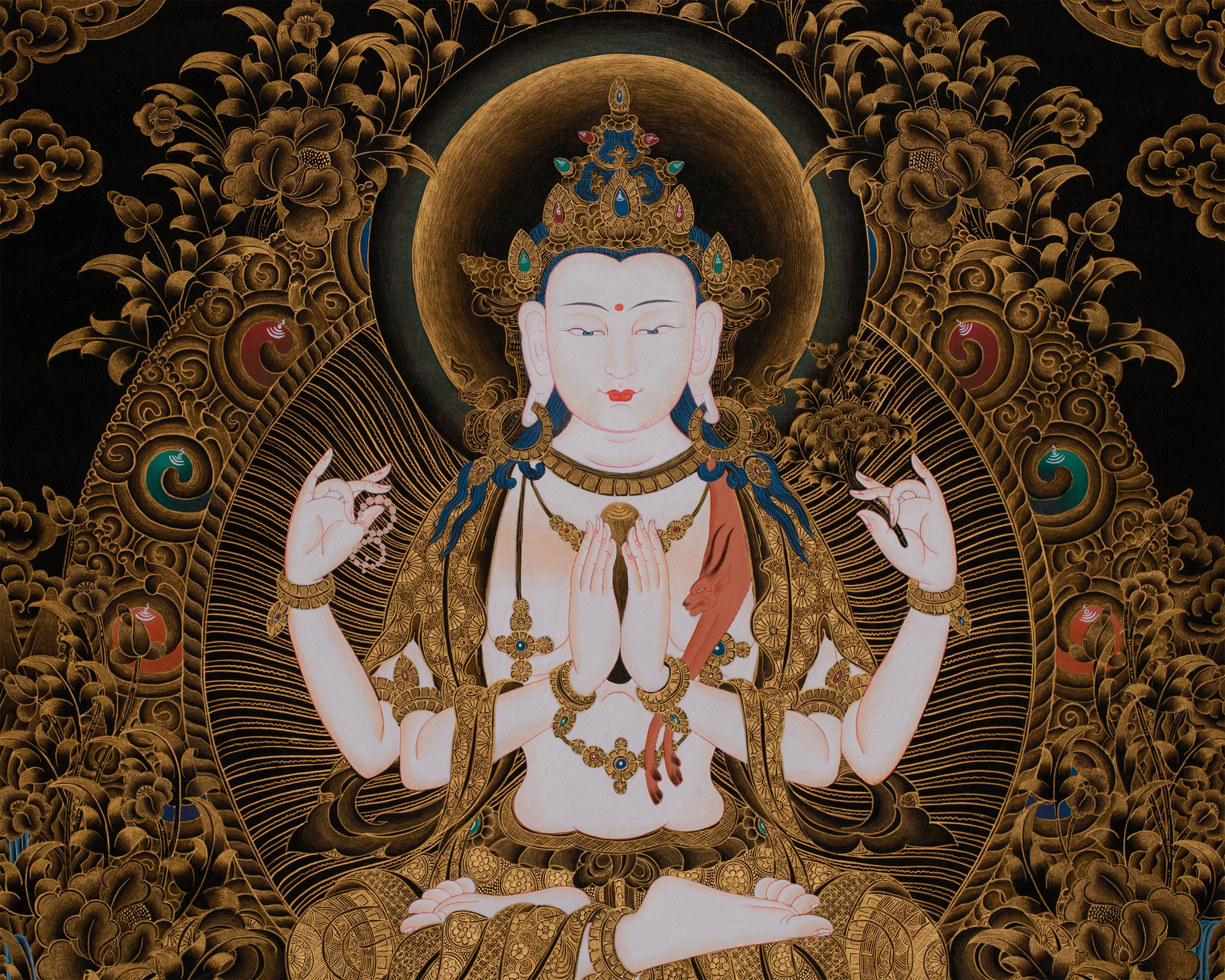 Large 30 Inches Chenrezig in Gold | Four-Armed Bodhisattva of Infinite Compassion