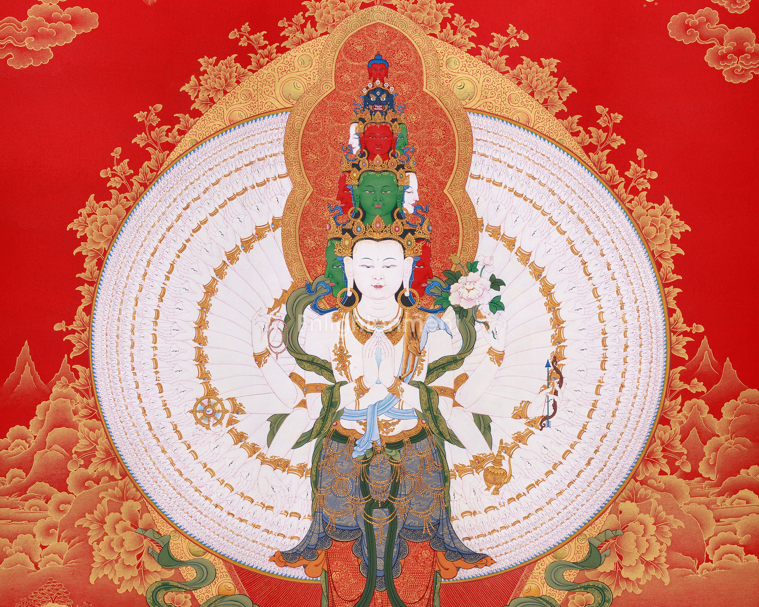 1000 Armed Avalokiteshvara Thangka | 24K Pure Gold Accents