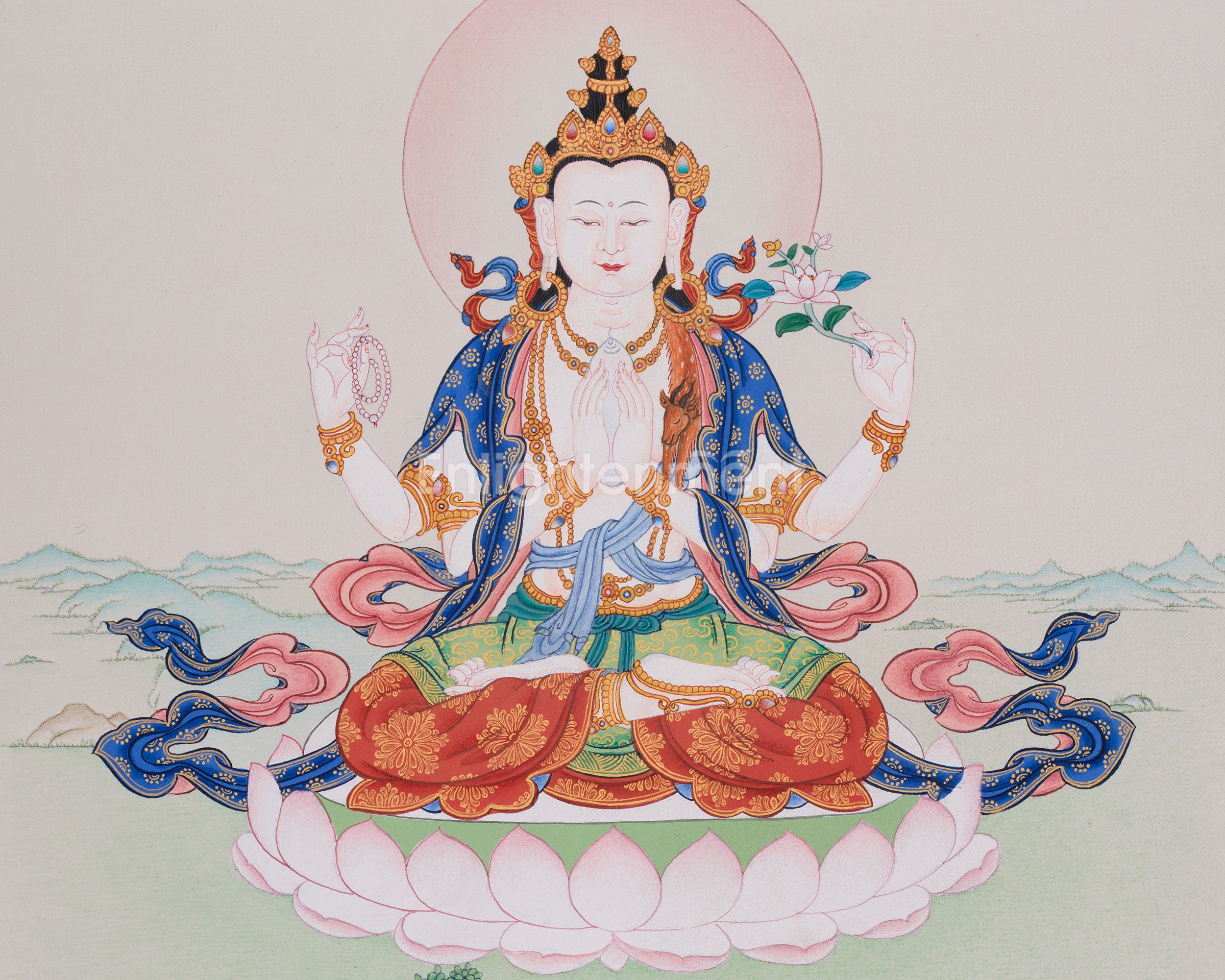 Hand-Painted 4-Armed Avalokiteshvara Thangka – Symbol of Compassion