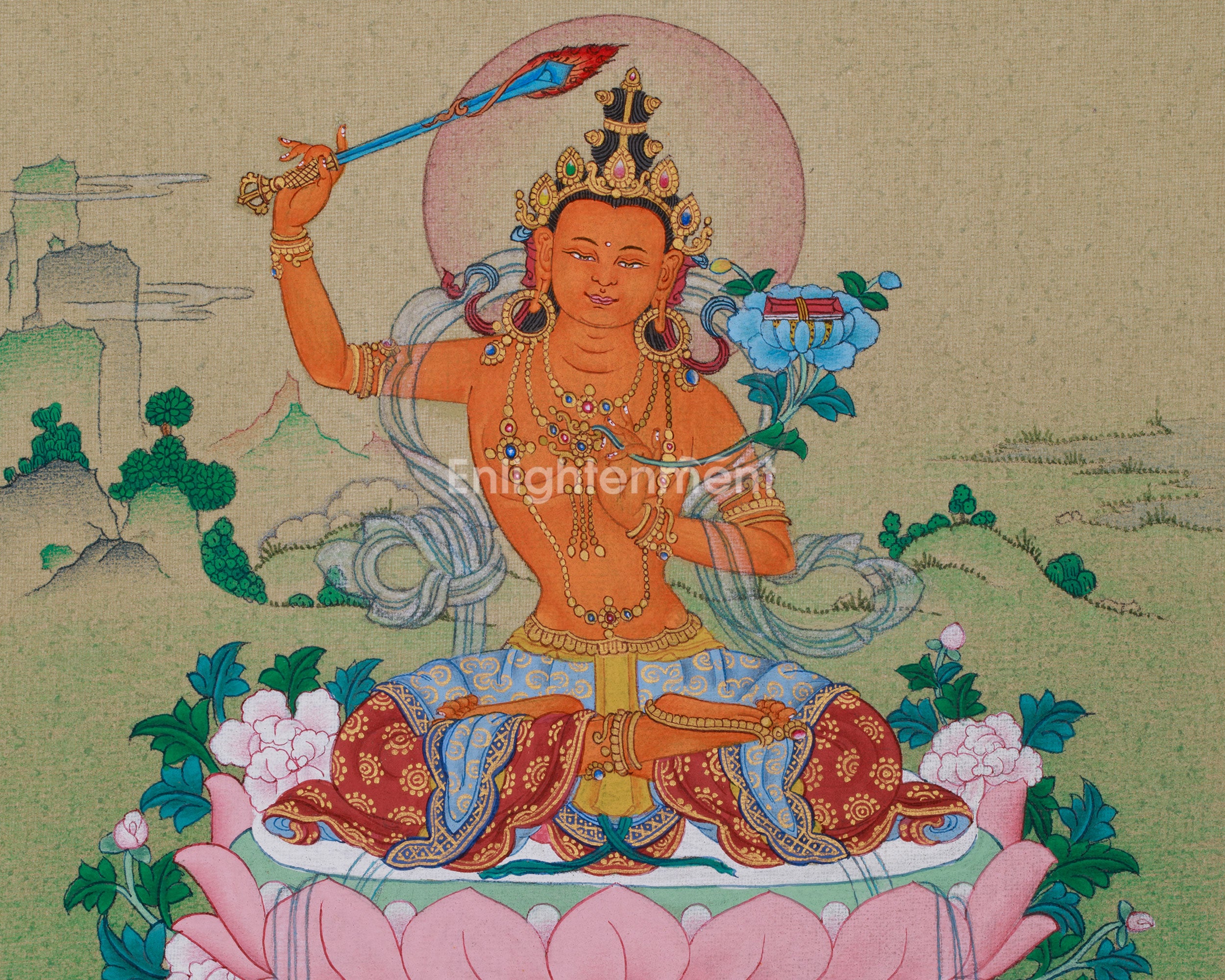 9 Inch Manjushri Thangka | The Wisdom Bodhisattva Painting