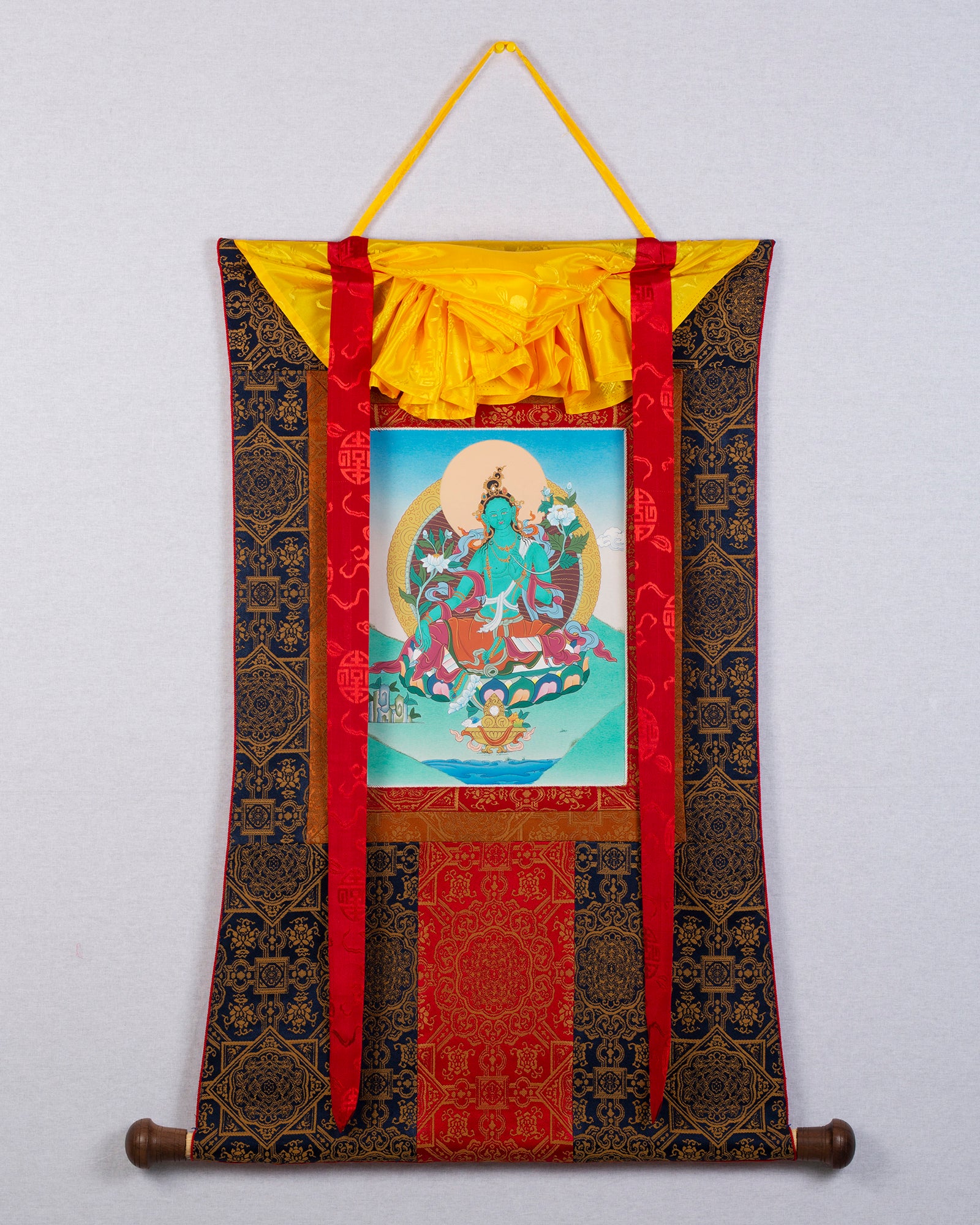 Green Tara Thangka | Handmade Art Painting | Tibetan Thangka with Brocade
