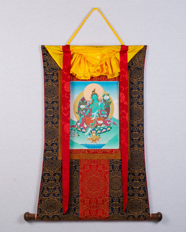 Green Tara Thangka | Handmade Art Painting | Tibetan Thangka with Brocade
