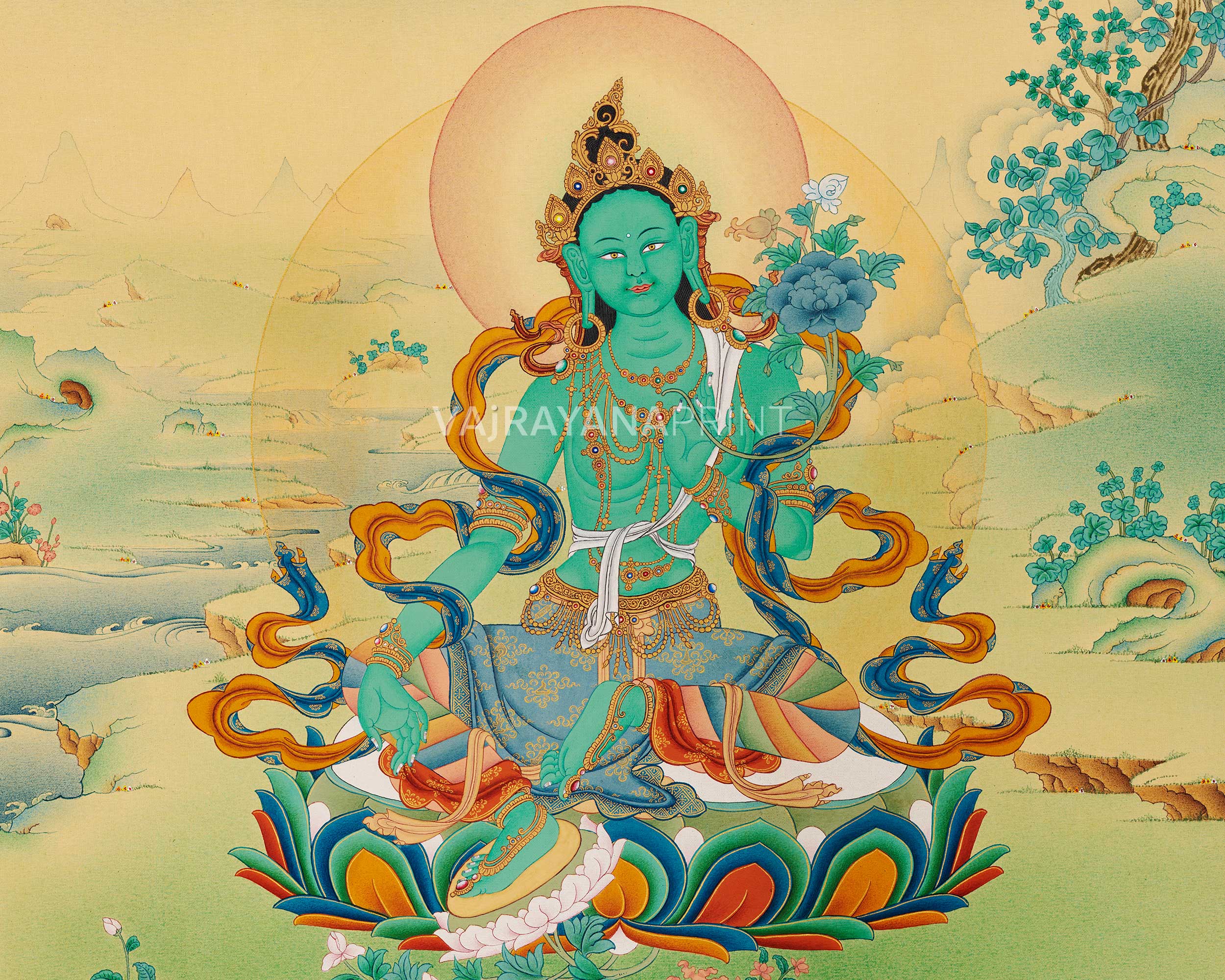 Green Tara | Tibetan Thangka Print | Digital Thangka Canvas Print