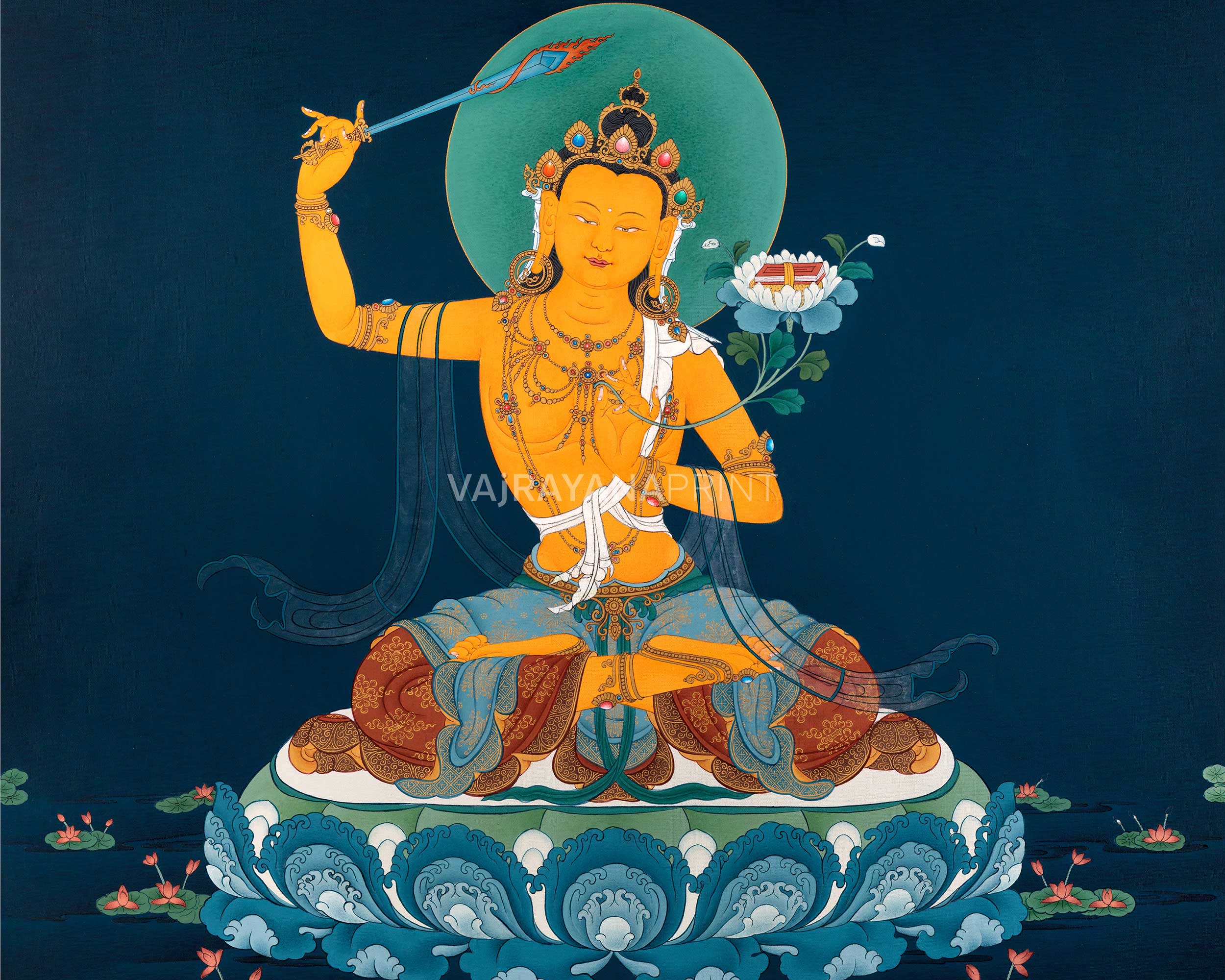 The Radiant Manjushri Thangka Print | The Bodhisattva of Wisdom Canvas Print