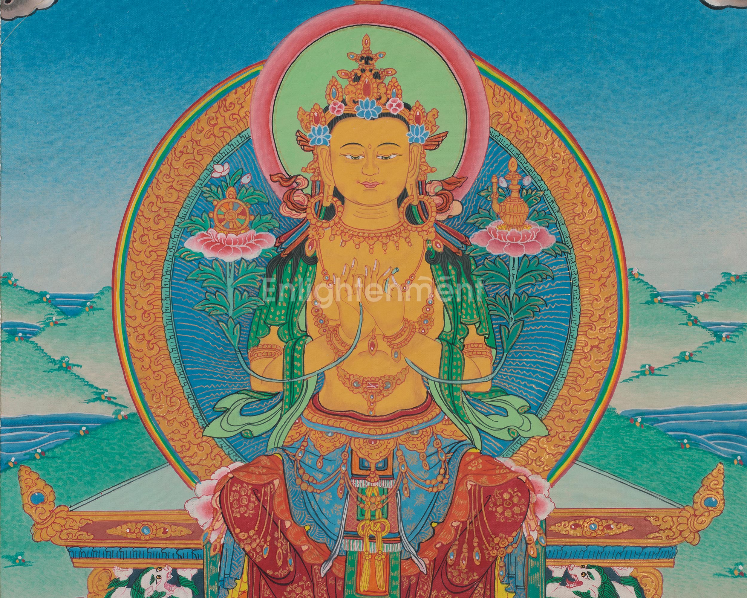 Future Buddha Maitreya Thangka | Sacred Art with Blue and Red Silk Brocade