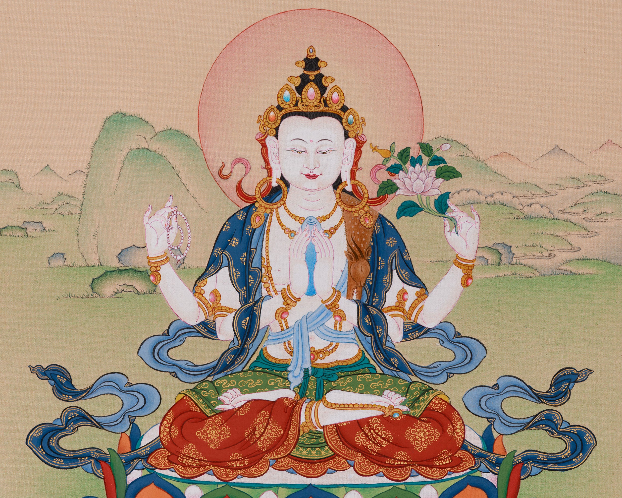 13-Inches Chenrezig Thangka | Four Armed Avalokiteshvara | Karma Gadri Tibetan Art