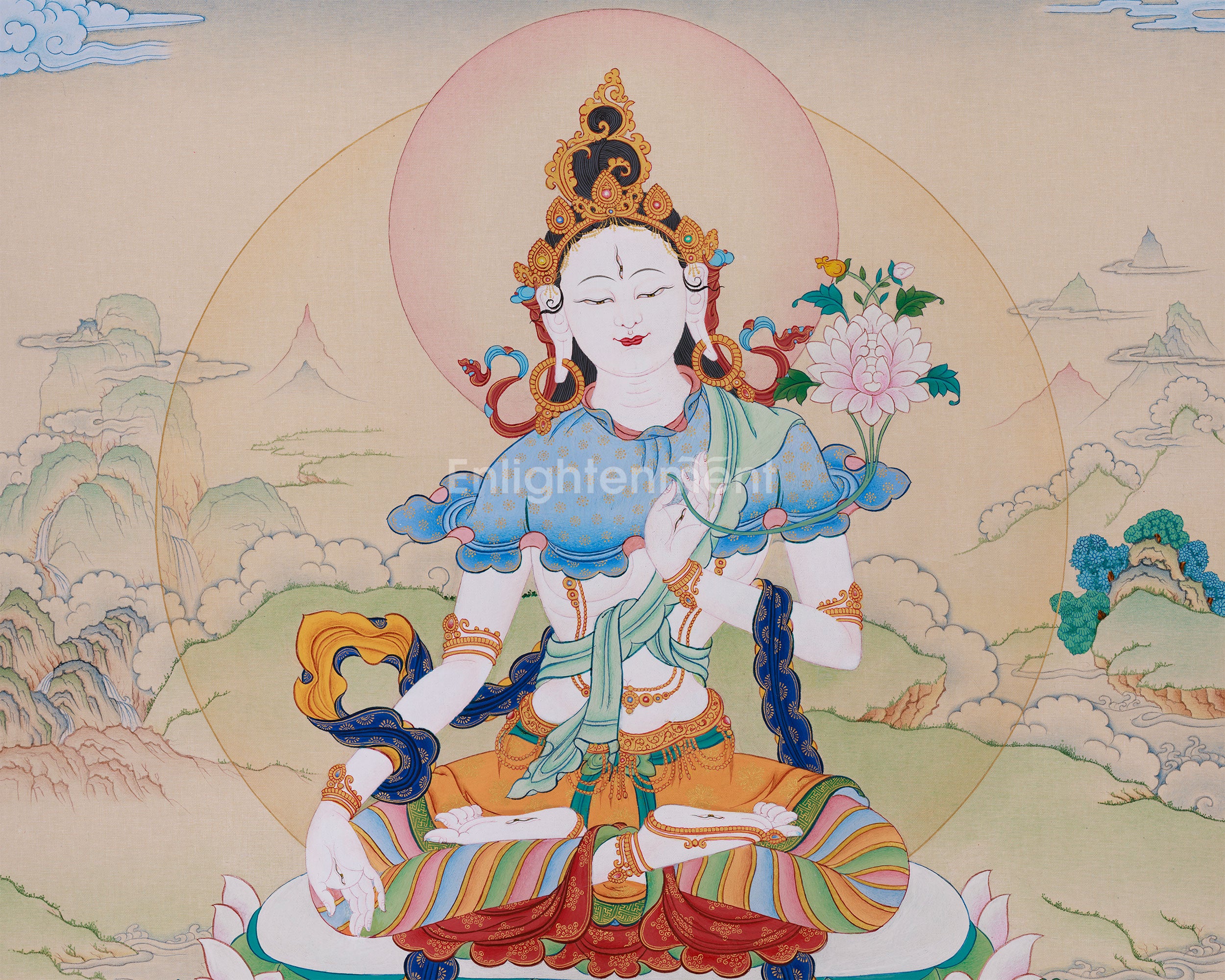 White Tara 24 Inches Thangka | Tibetan Painting of Compassion and Longevity