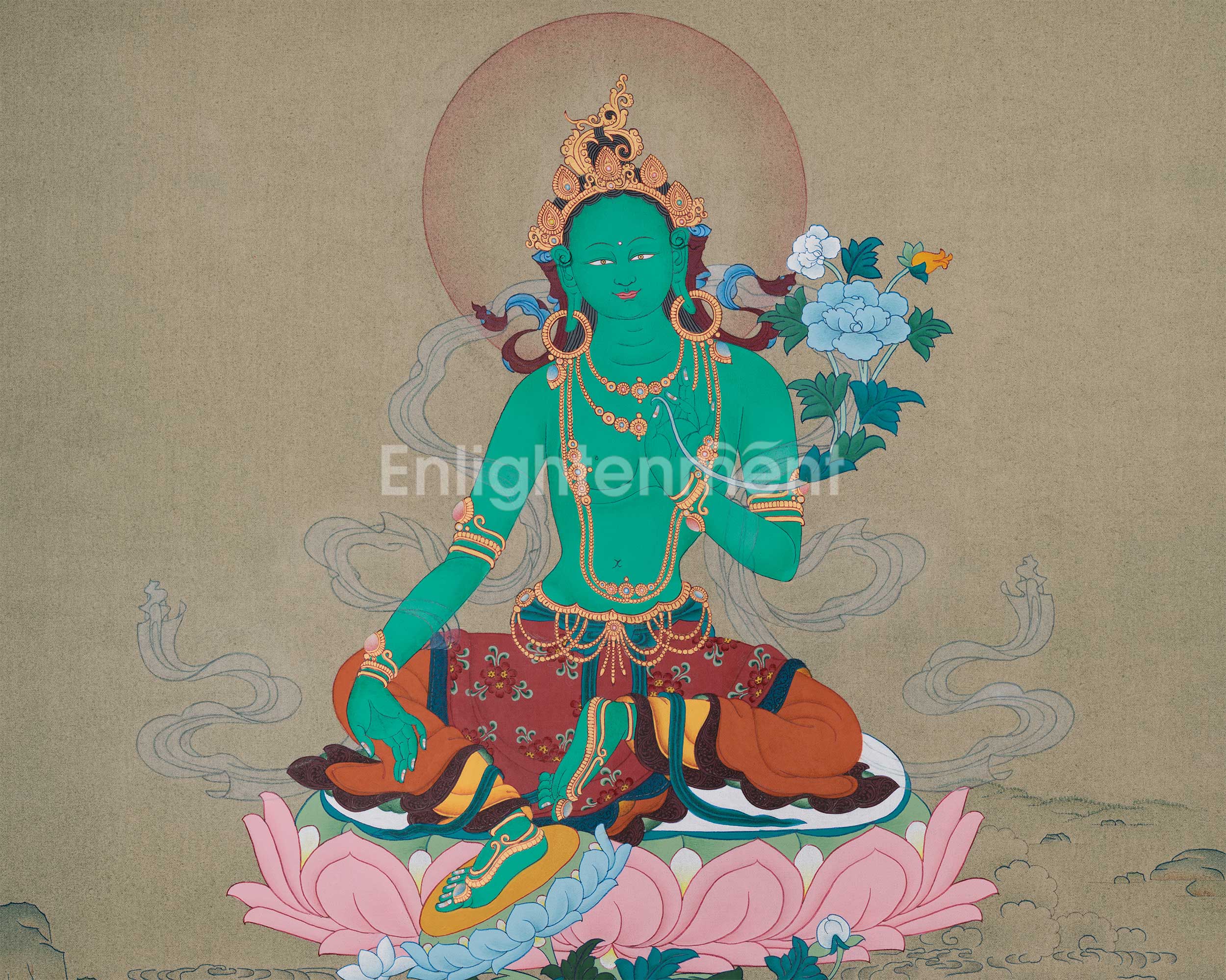 Hand-Painted Compassionate Goddess Green Tara Thangka | The Deity of Swift Protection