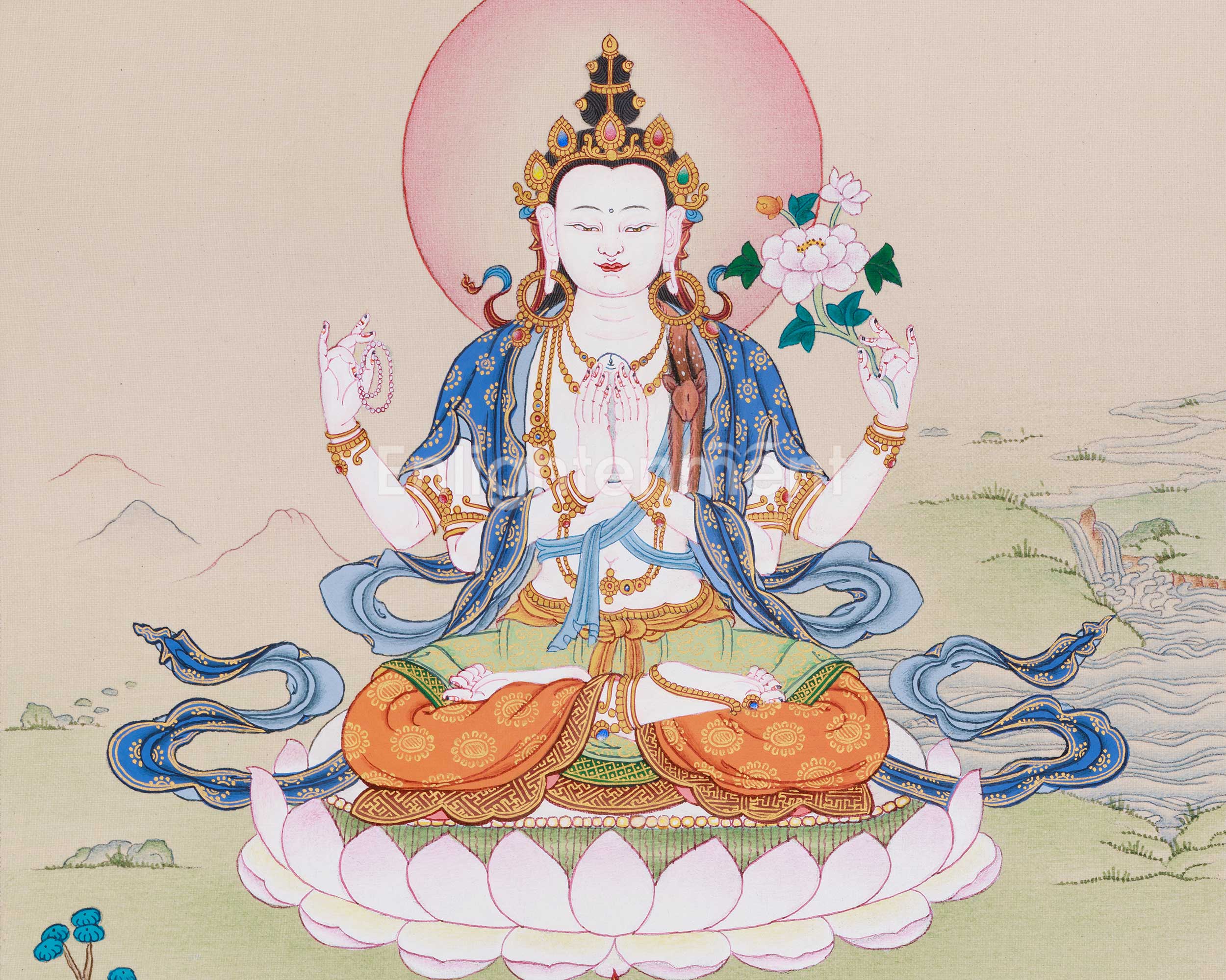 13-Inches Chenrezig Thangka | Divine Compassion and Spiritual Blessings
