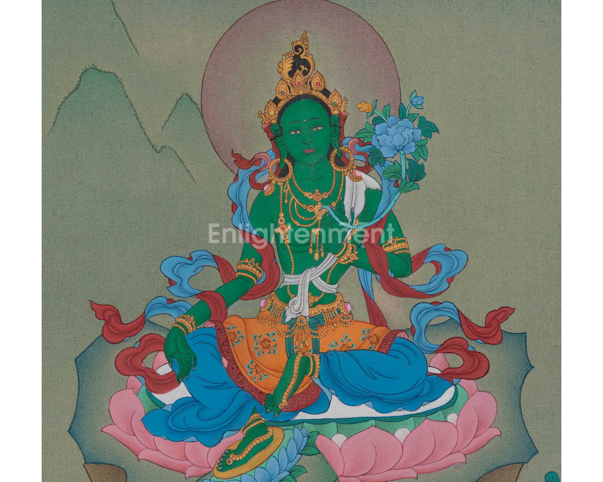 Green Tara Traditional Art | Shyama Tara | Buddhist Painting of Compassion and Protection