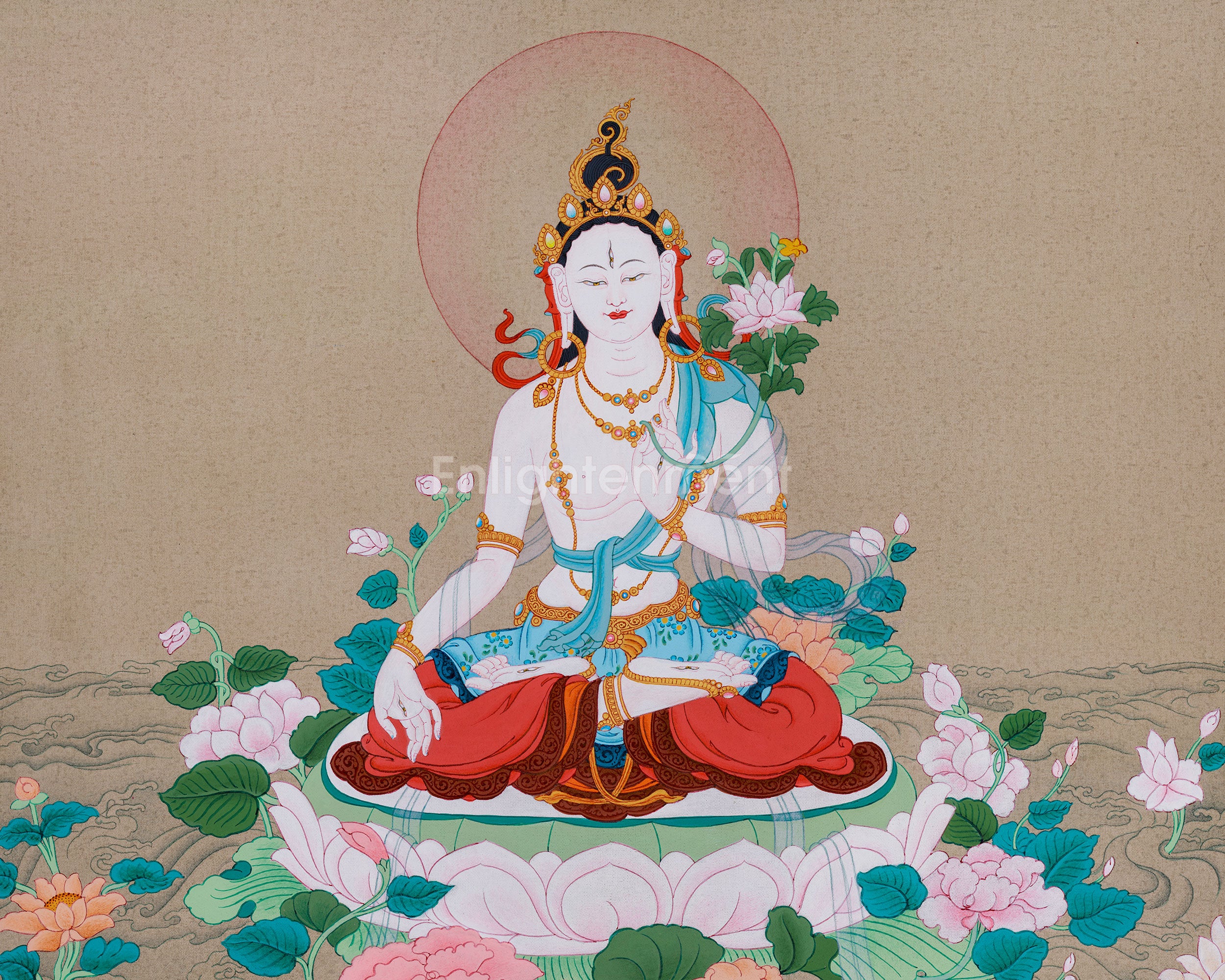 Healing Tara Bodhisattva | White Tara Thangka | Compassion Goddess in Vajrayana Buddhism