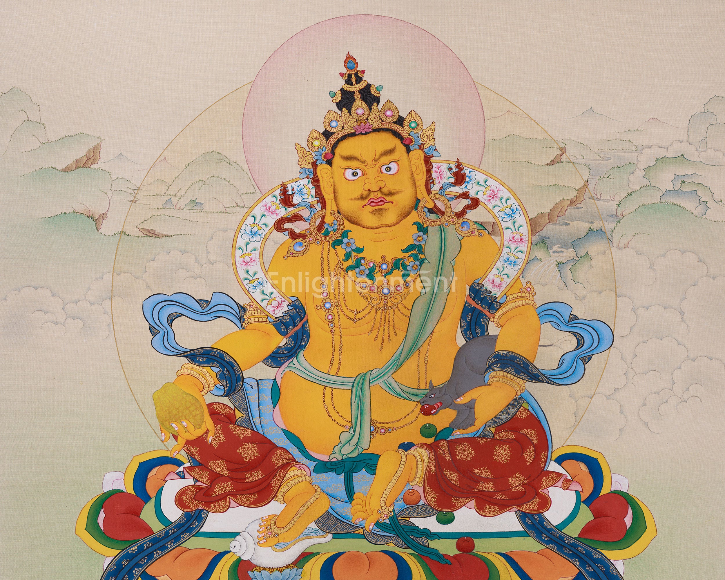 Tibetan Jambhala Thangka | Hand-Painted Art of Abundance | Brocade Mounted