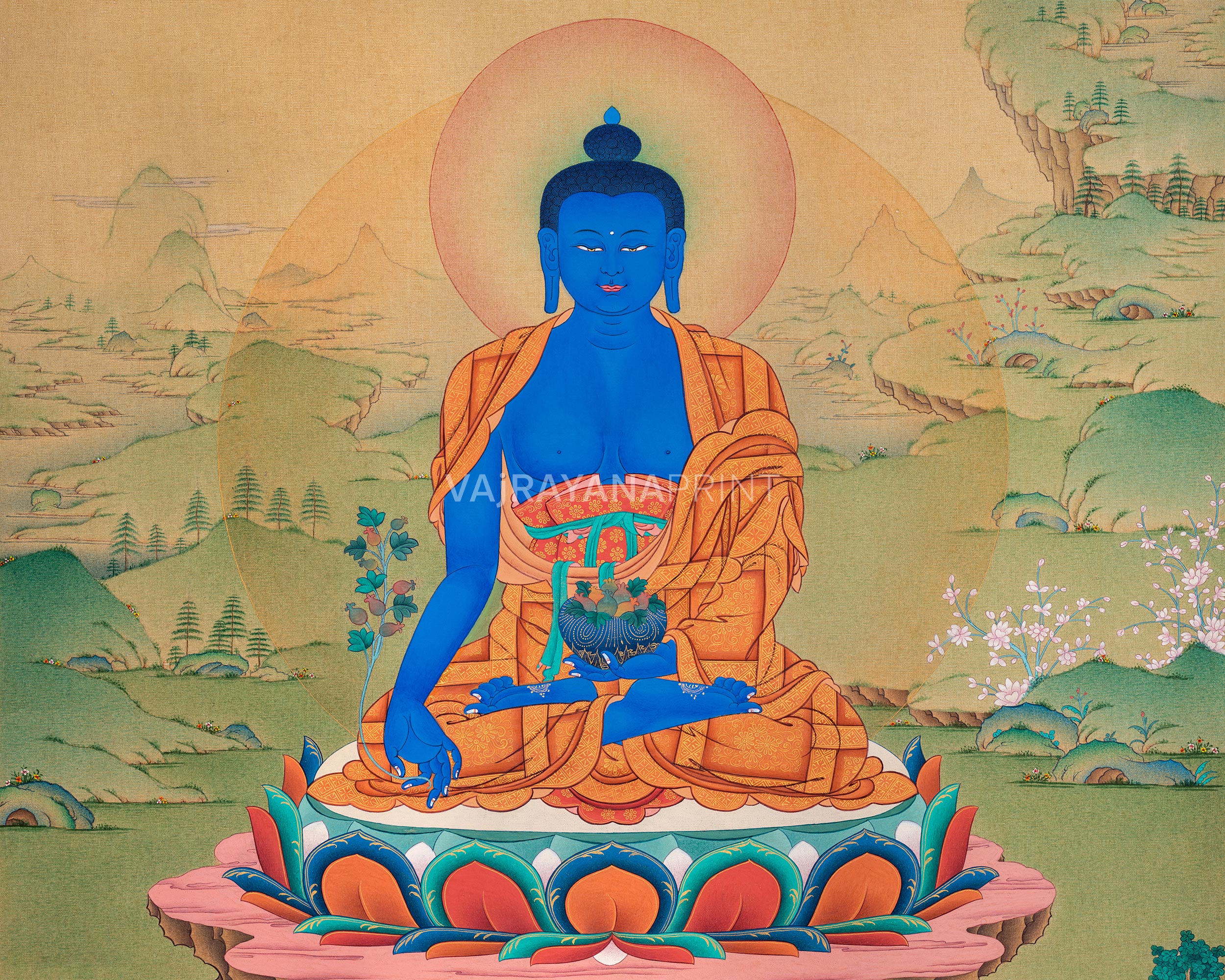 Radiant Medicine Buddha Thangka Print (18x23 inches)