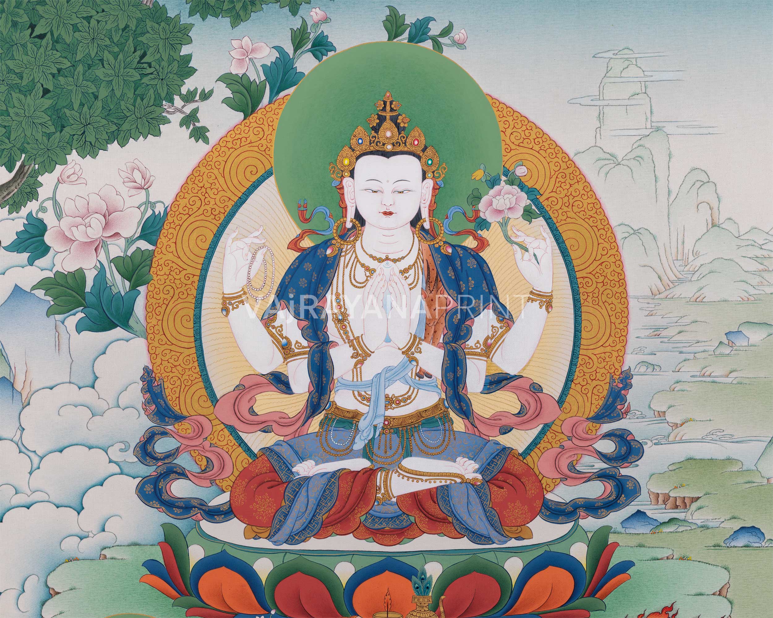 Triad of Compassion-Wisdom-Power: Chenresig, Manjushri, and Vajrapani Thangka Print
