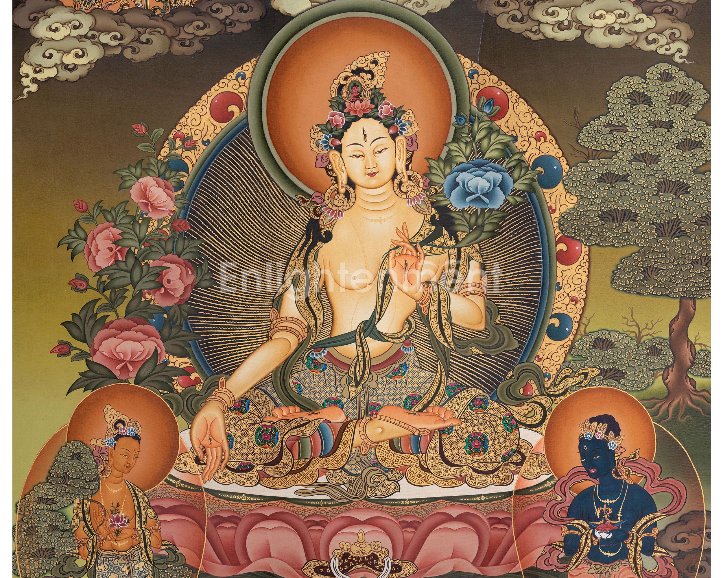 White Tara With Two Bodhisattvas Thangka | Power of Compassion and Enlightenment