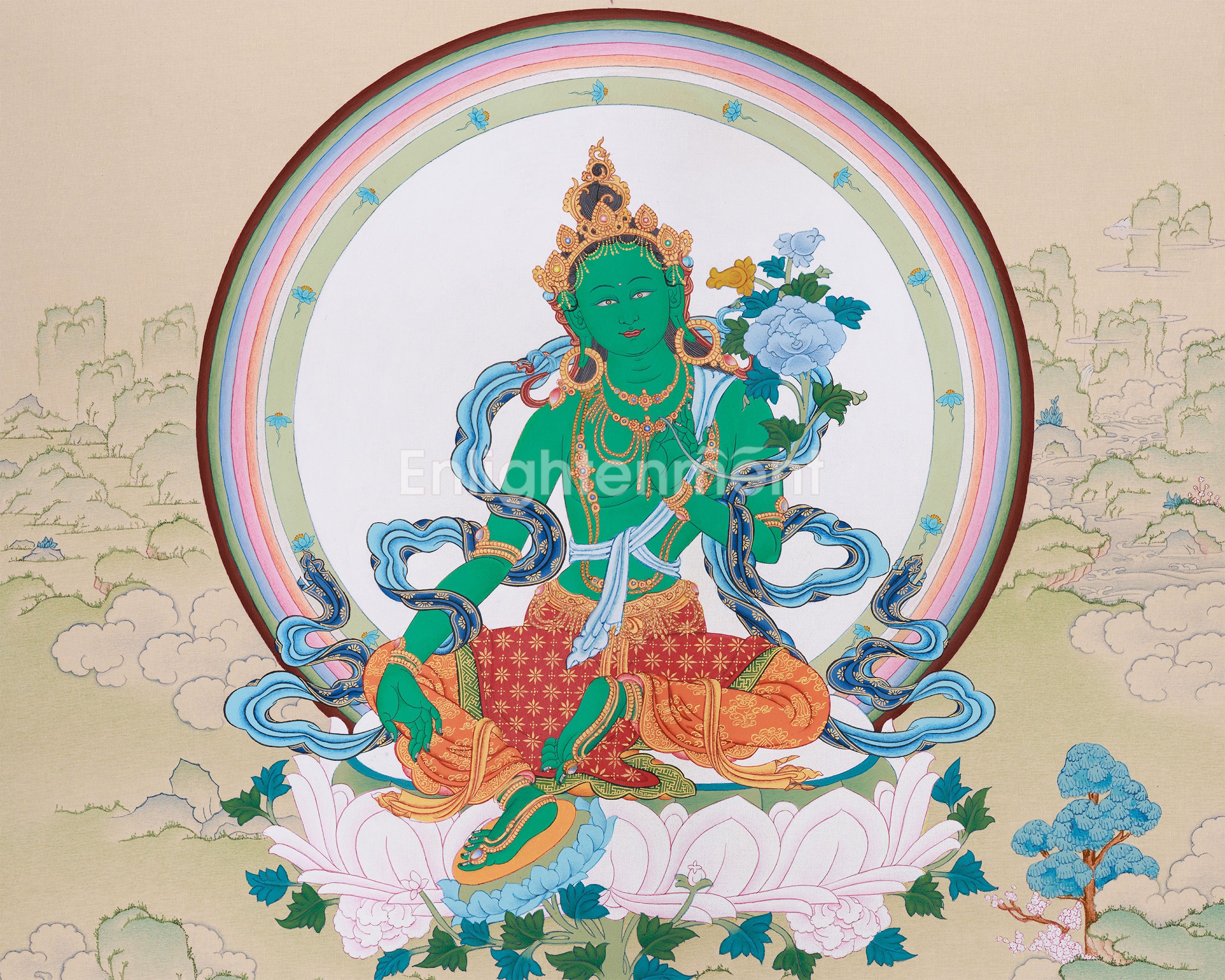 Uniquely Hand-Painted Green Tara Protection Deity Thangka | Featuring Amitabha Buddha