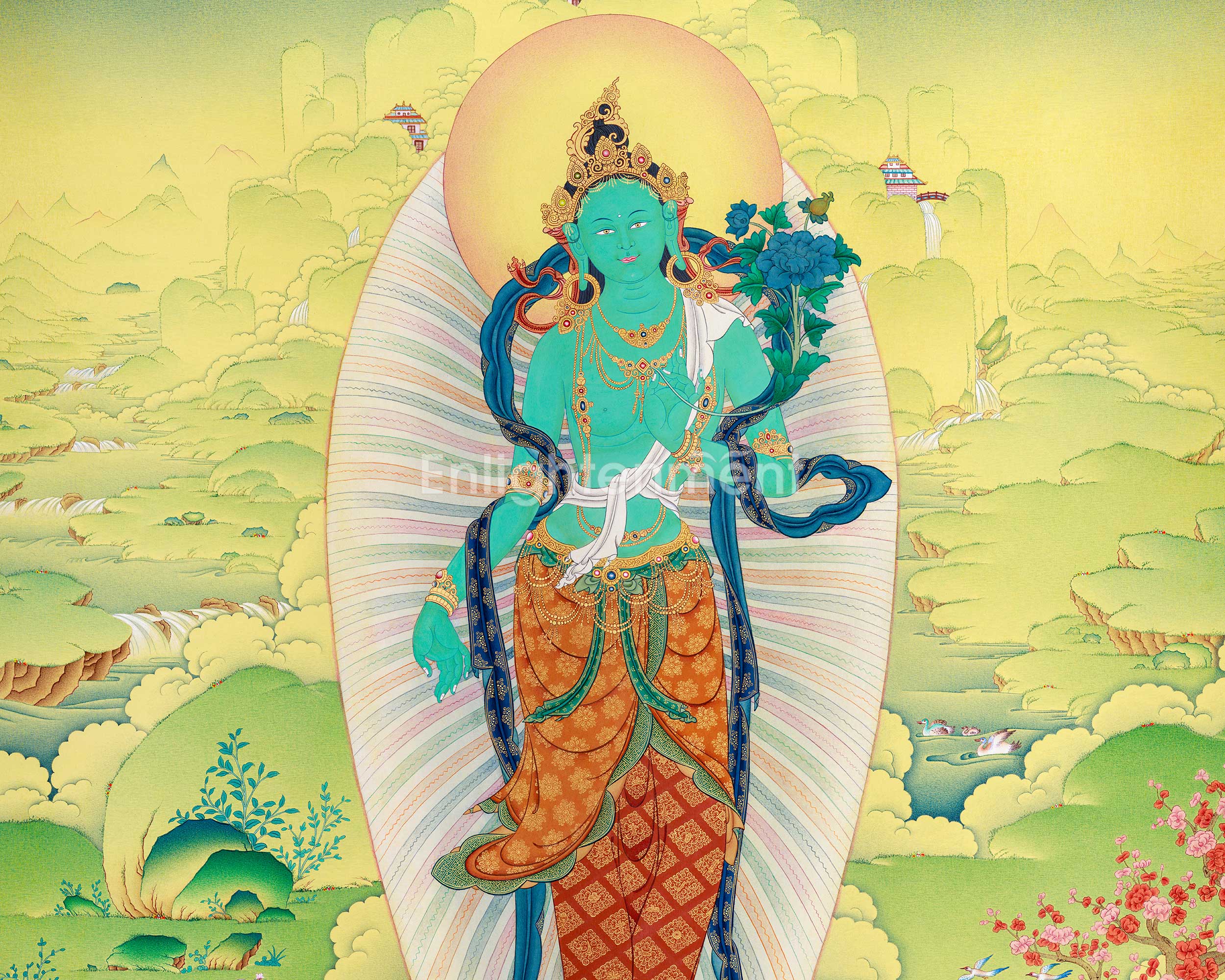 Extra-ordinary Green Tara Thangka: Large Canvas Art