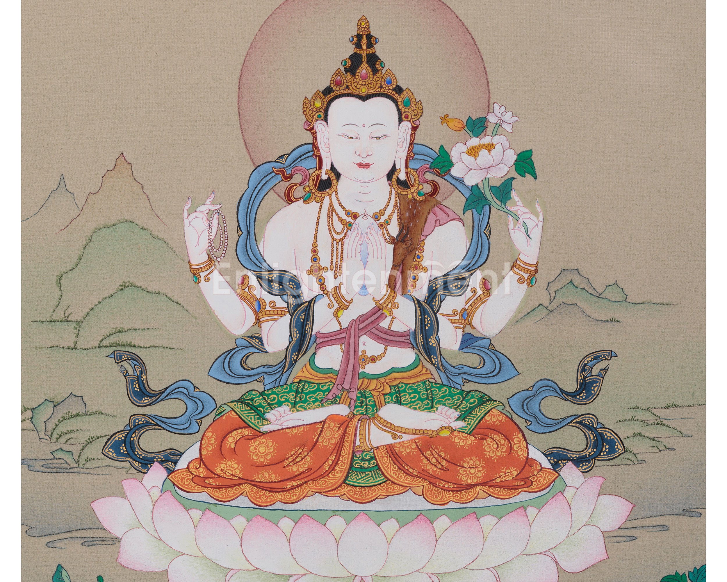 Original Hand-Painted Four-Armed Chenrezig Thangka | Avalokiteshvara Artwork