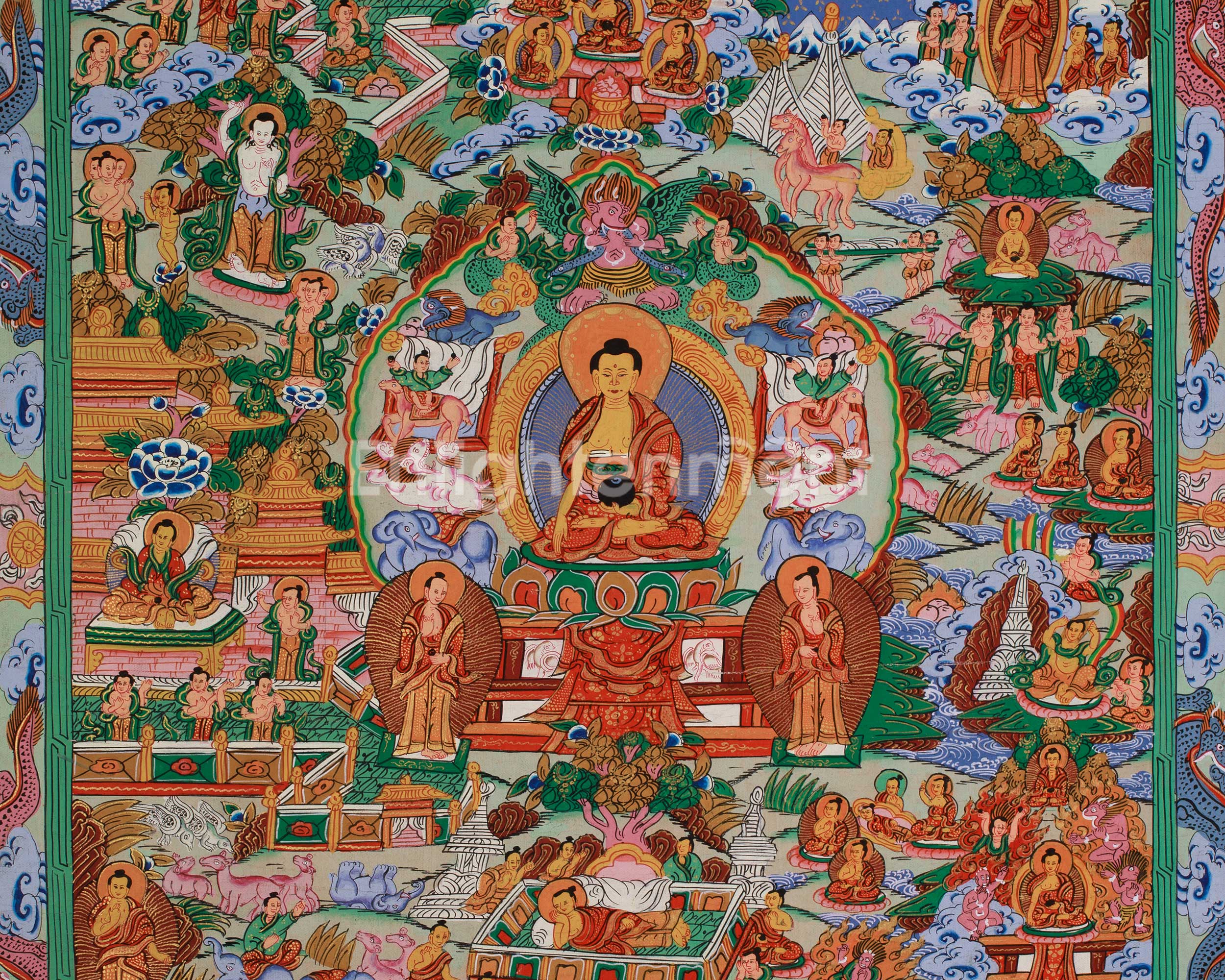 Traditional Thangka of Buddha Life Story | Tibetan Enlightenment Journey Painting