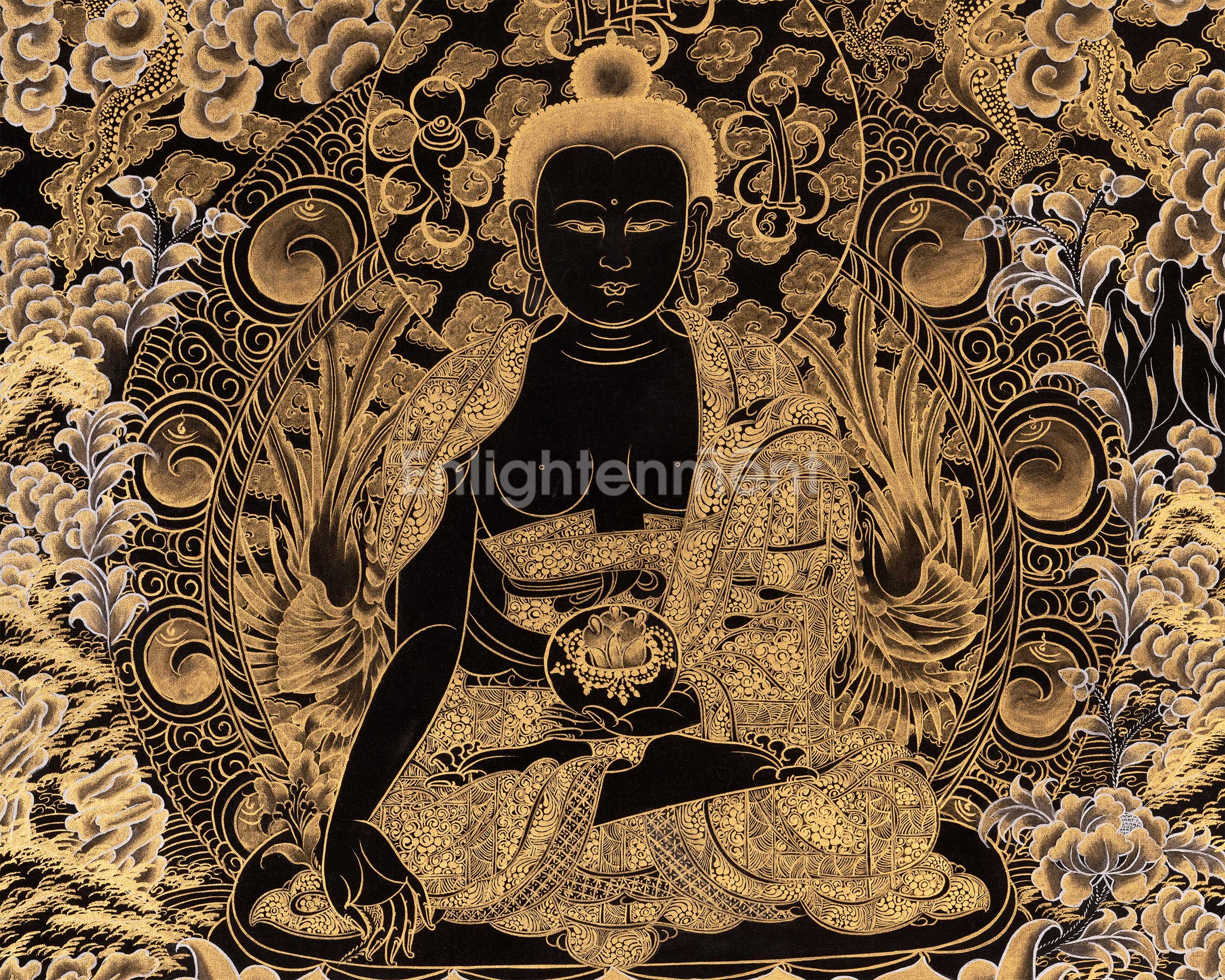 Black and Gold Style Medicine Buddha | Original Hand-Painted Tibetan Thanka | Healing Buddha |