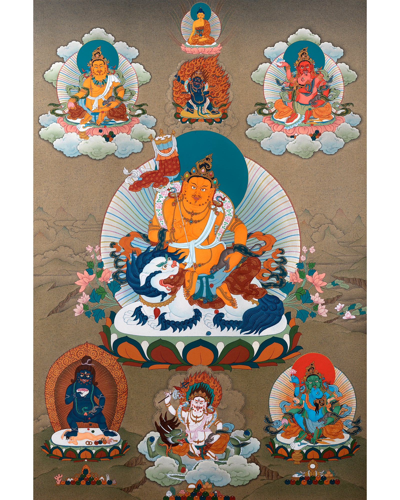 Five Jambhala Thangka | Buddhist Wealth Deities