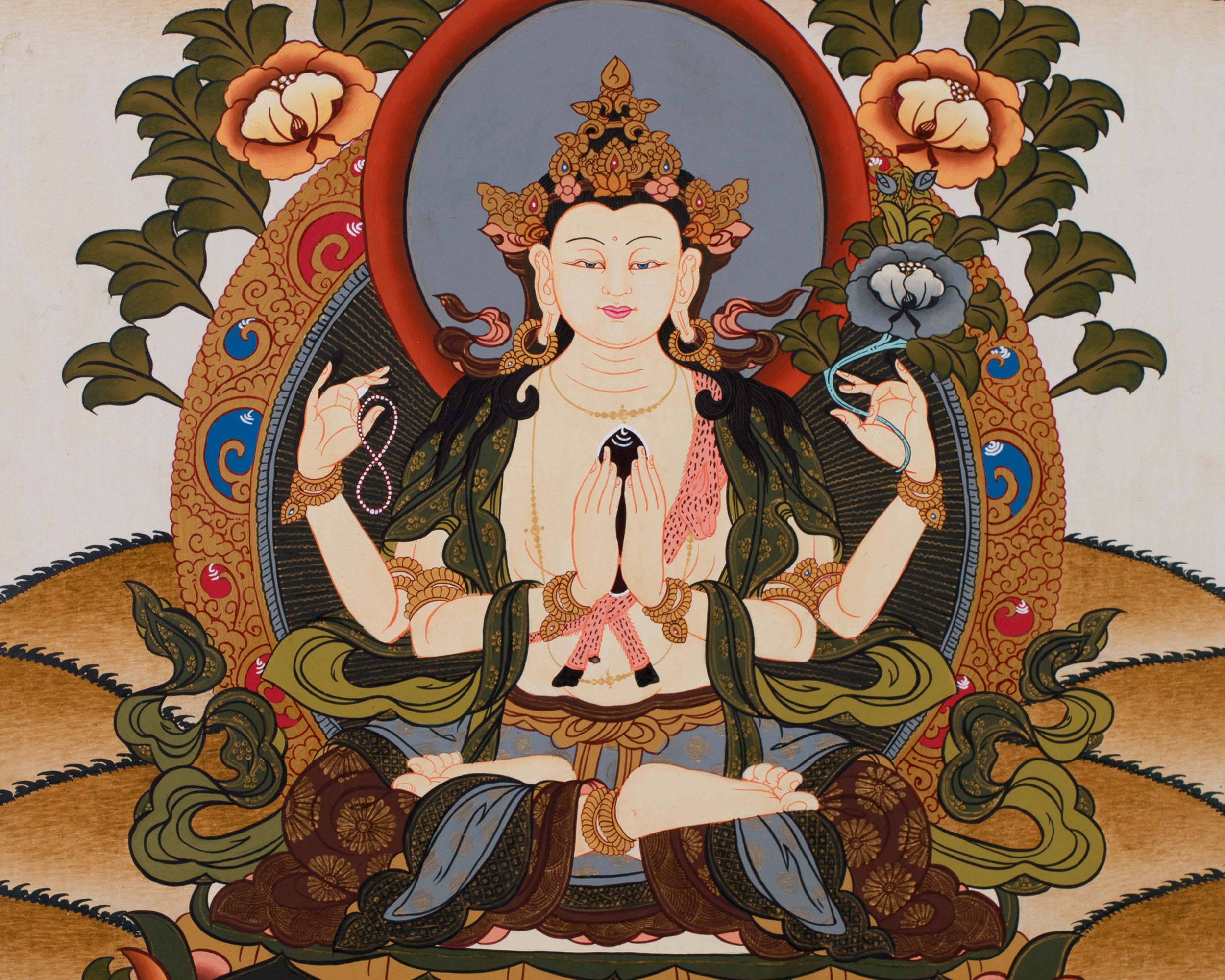 Original Hand painted 4 Armed Chenrezig Bodhisattva Thangka | Hand Painted Buddhist Art