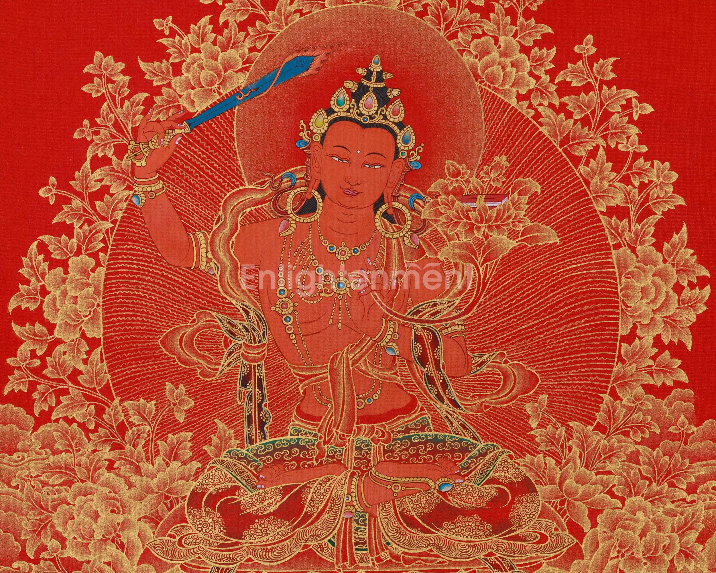 Gold Thangka of Manjushri | Bodhisattva of Supreme Wisdom & Enlightenment