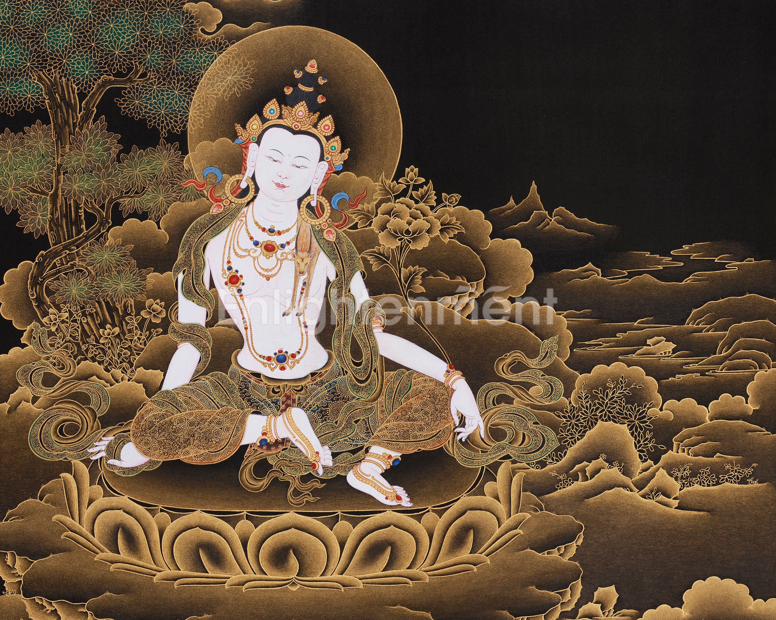 Gold on Black Two-Armed Avalokiteshvara Thangka | Bodhisattva of Infinite Compassion
