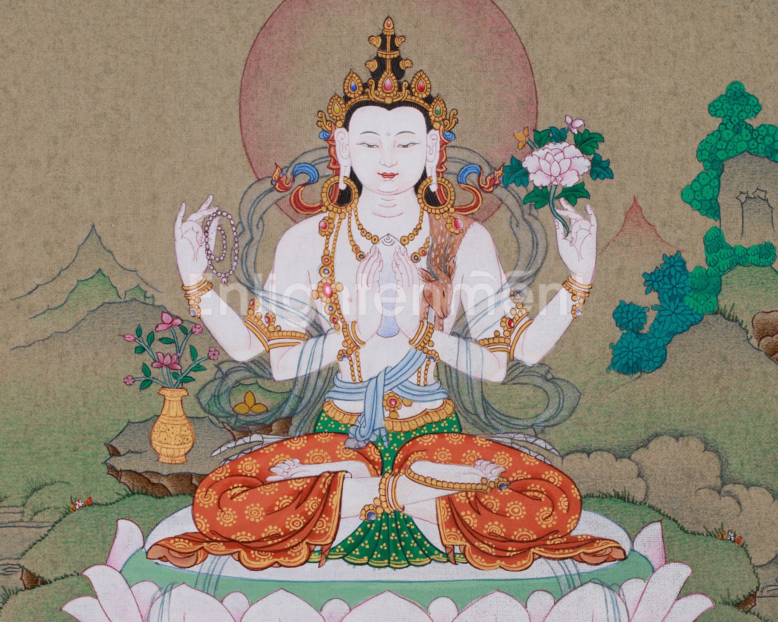 Hand-Painted Tibetan Chenrezig Thangka | Avalokiteshvara Compassionate Deity