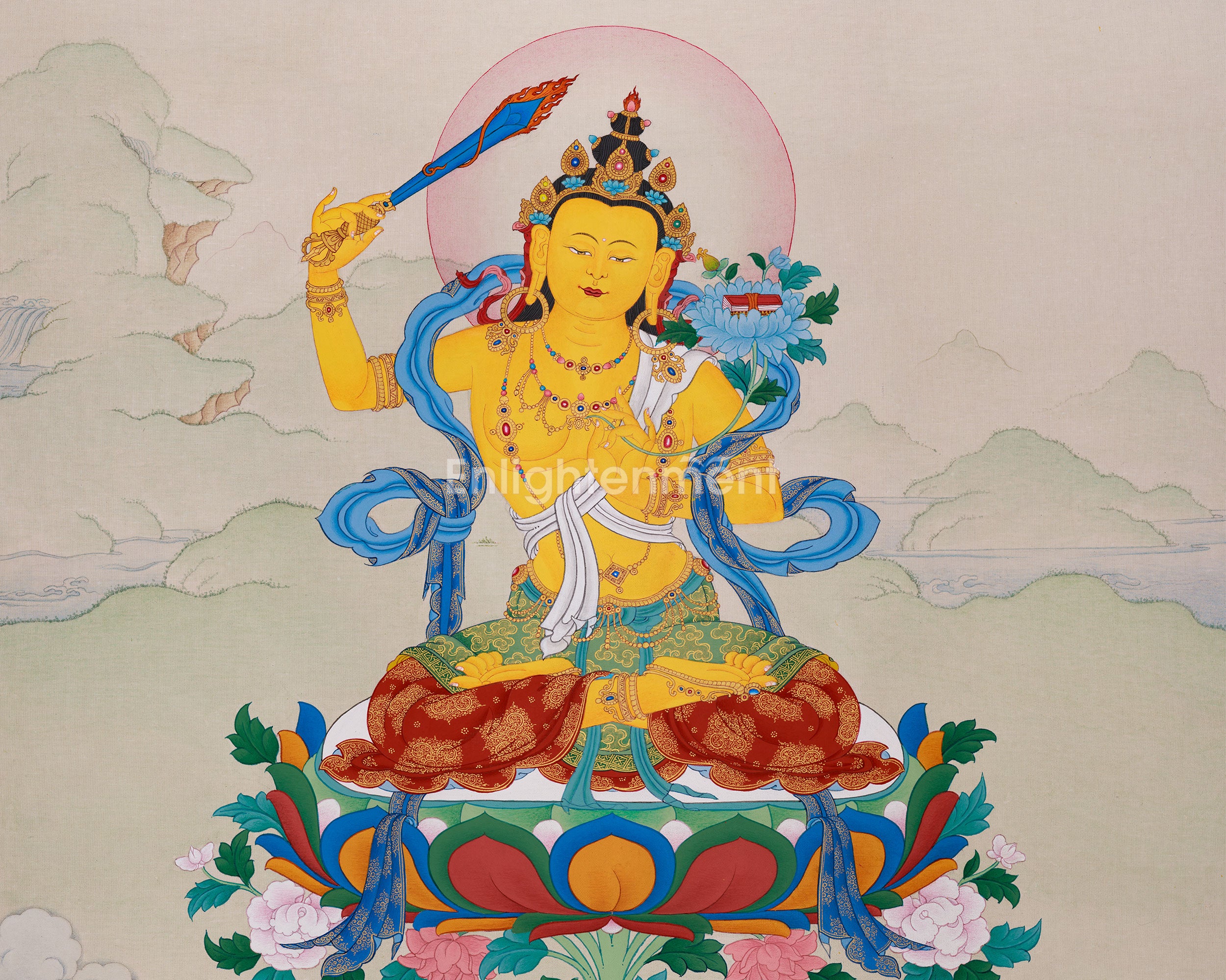 Manjusri's Sword of Wisdom | Original Tibetan Thangka | 24K Gold Detail